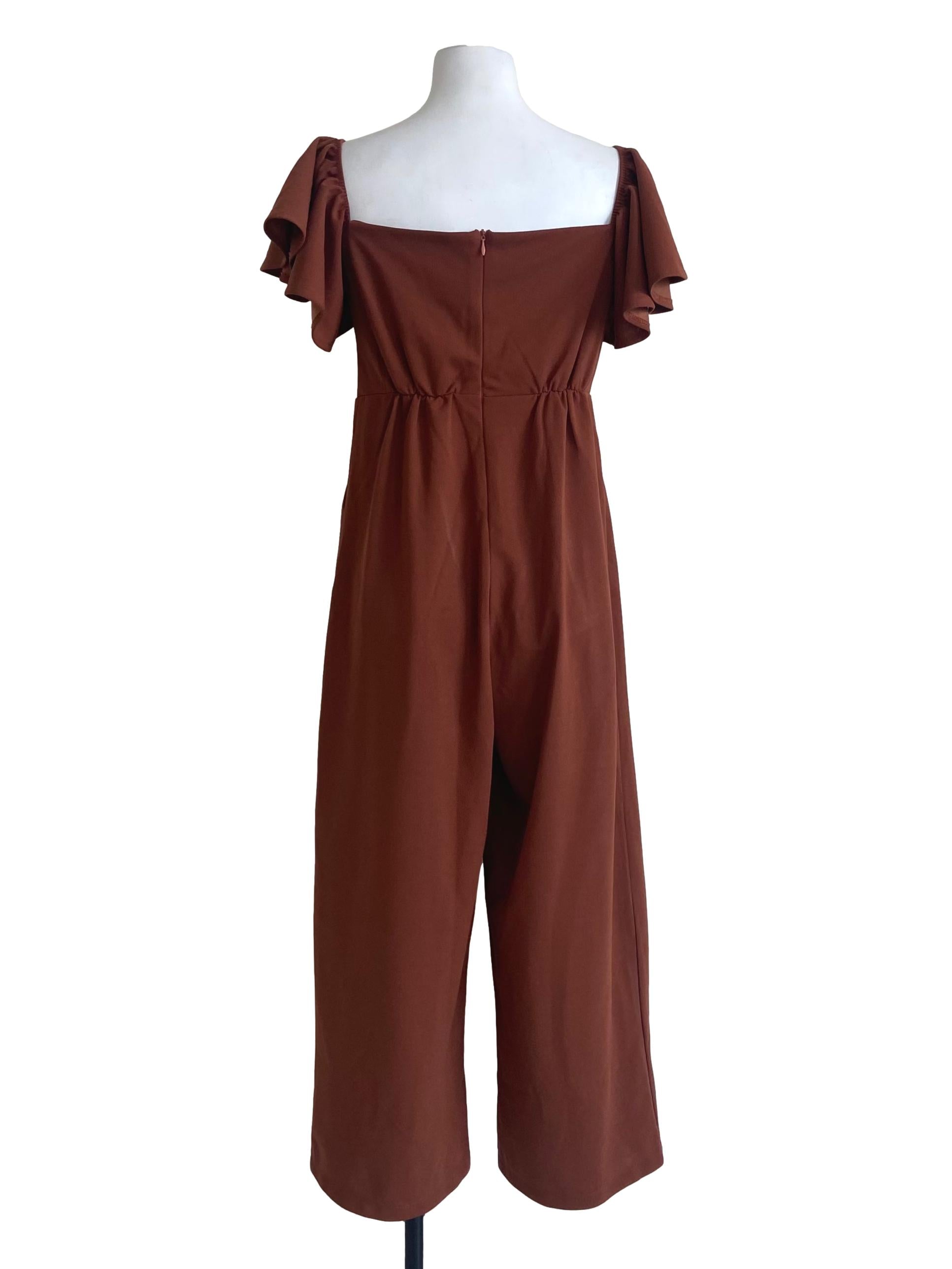 Tawny Brown Square Neck Twill Jumpsuit