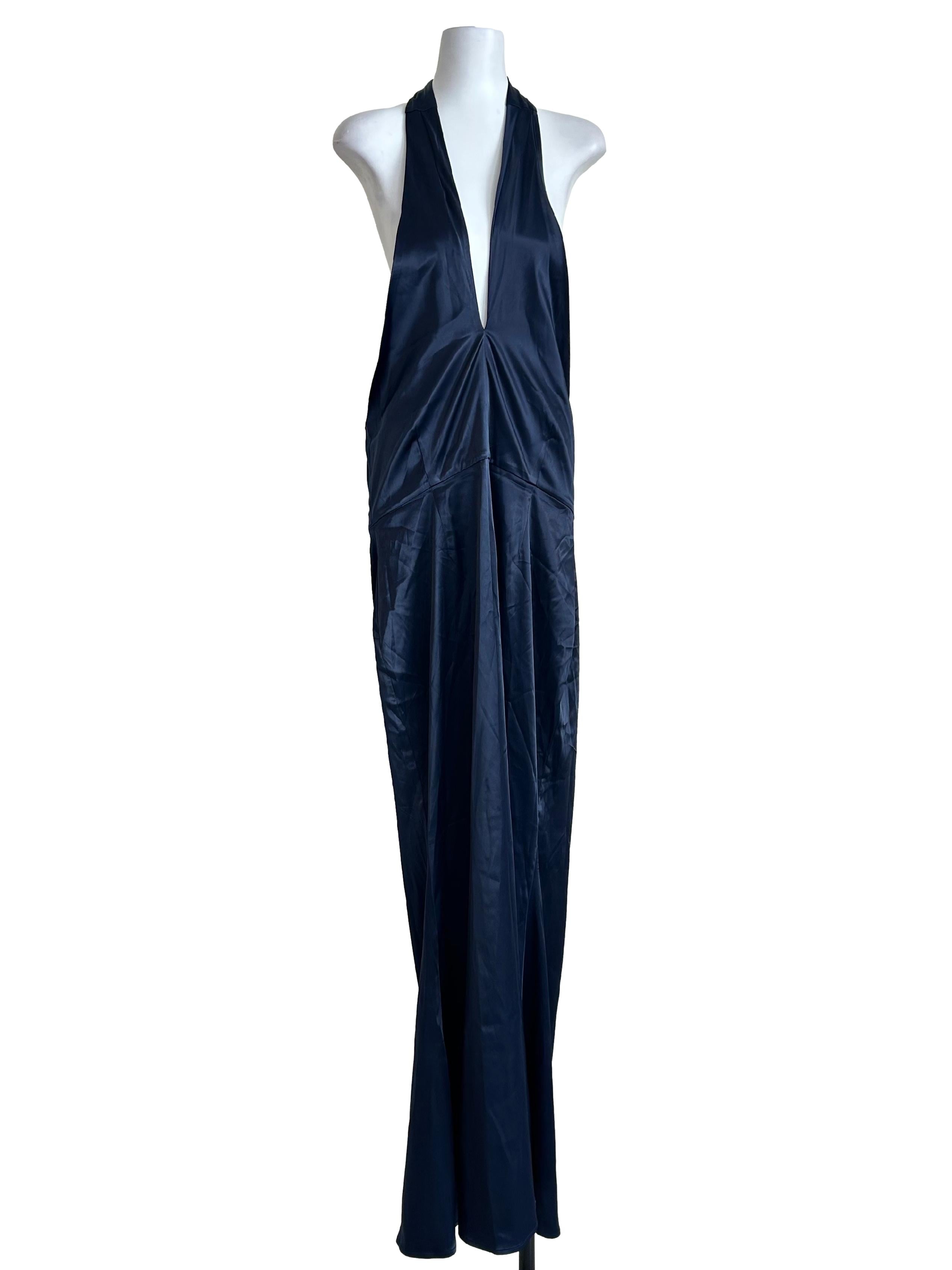 Navy Satin Deep V Dress