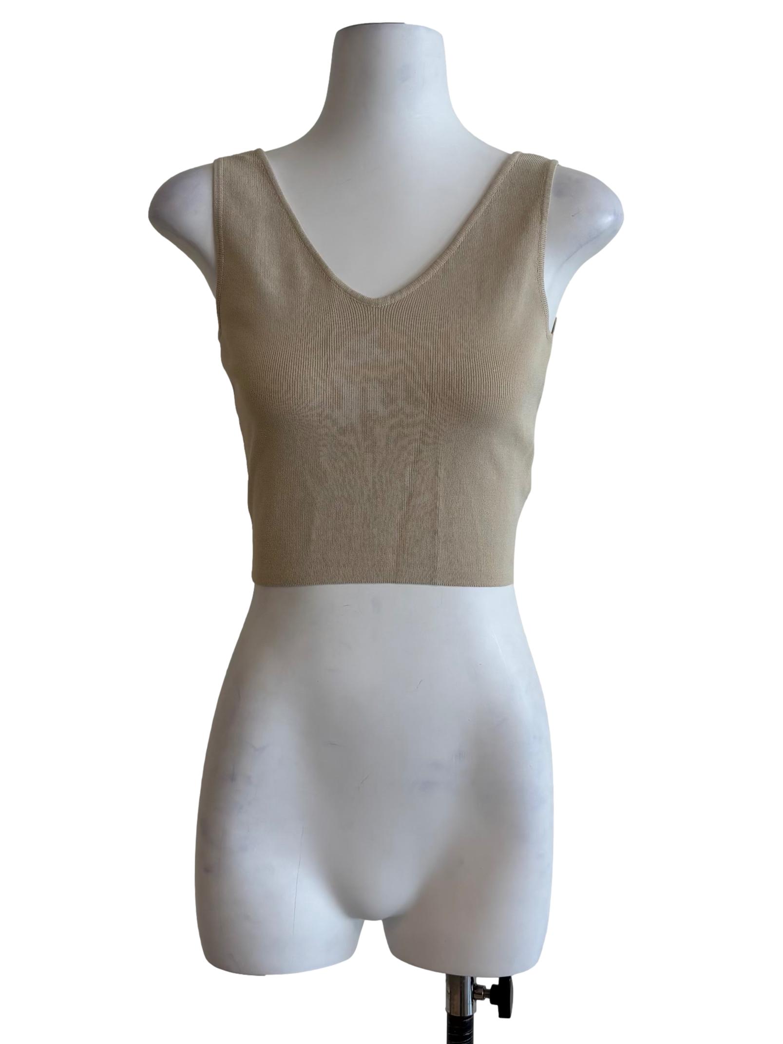 Beige V-Neck Ribbed Knit Crop Top OSN