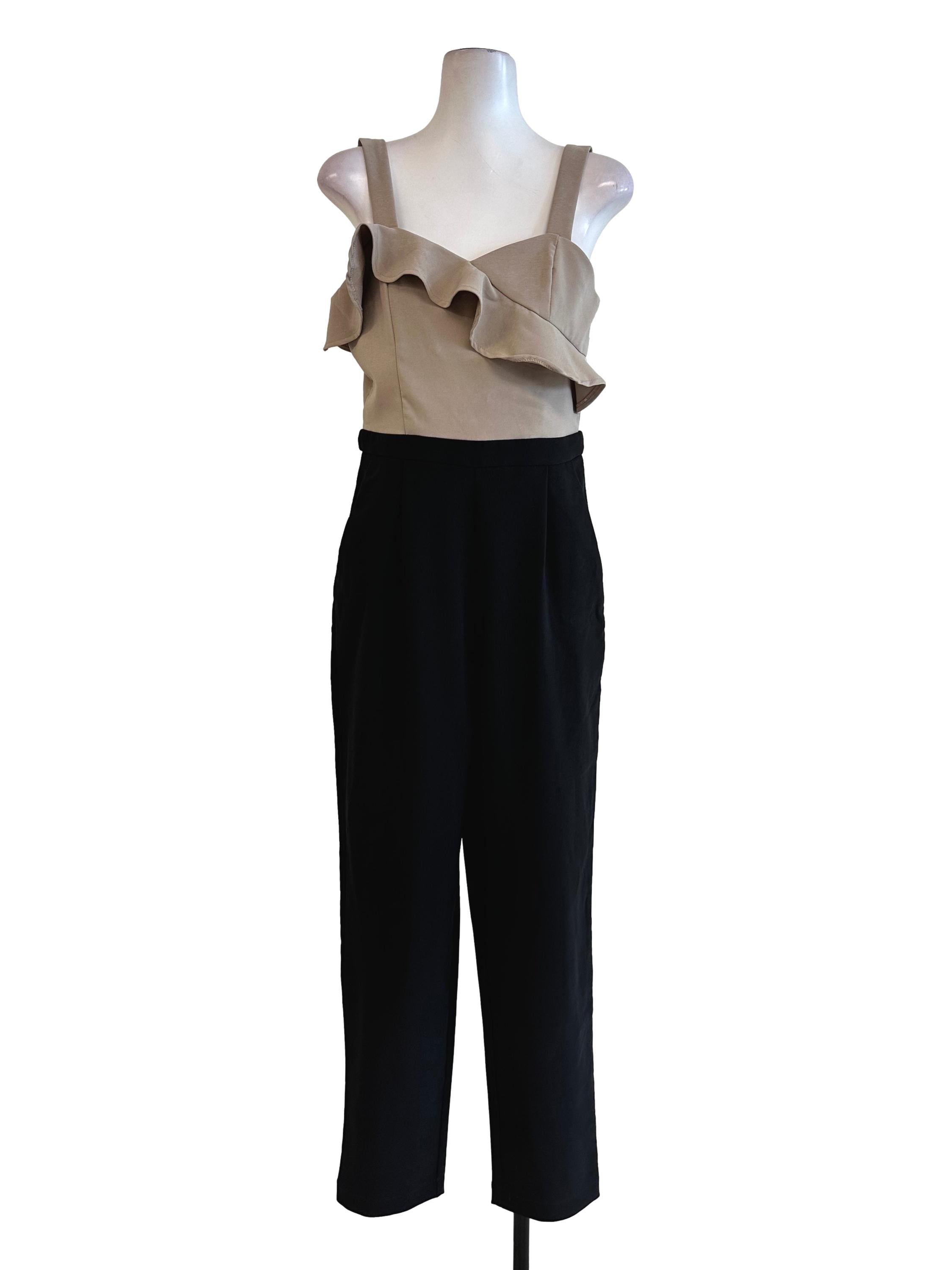 Beige Black Sleeveless Jumpsuit