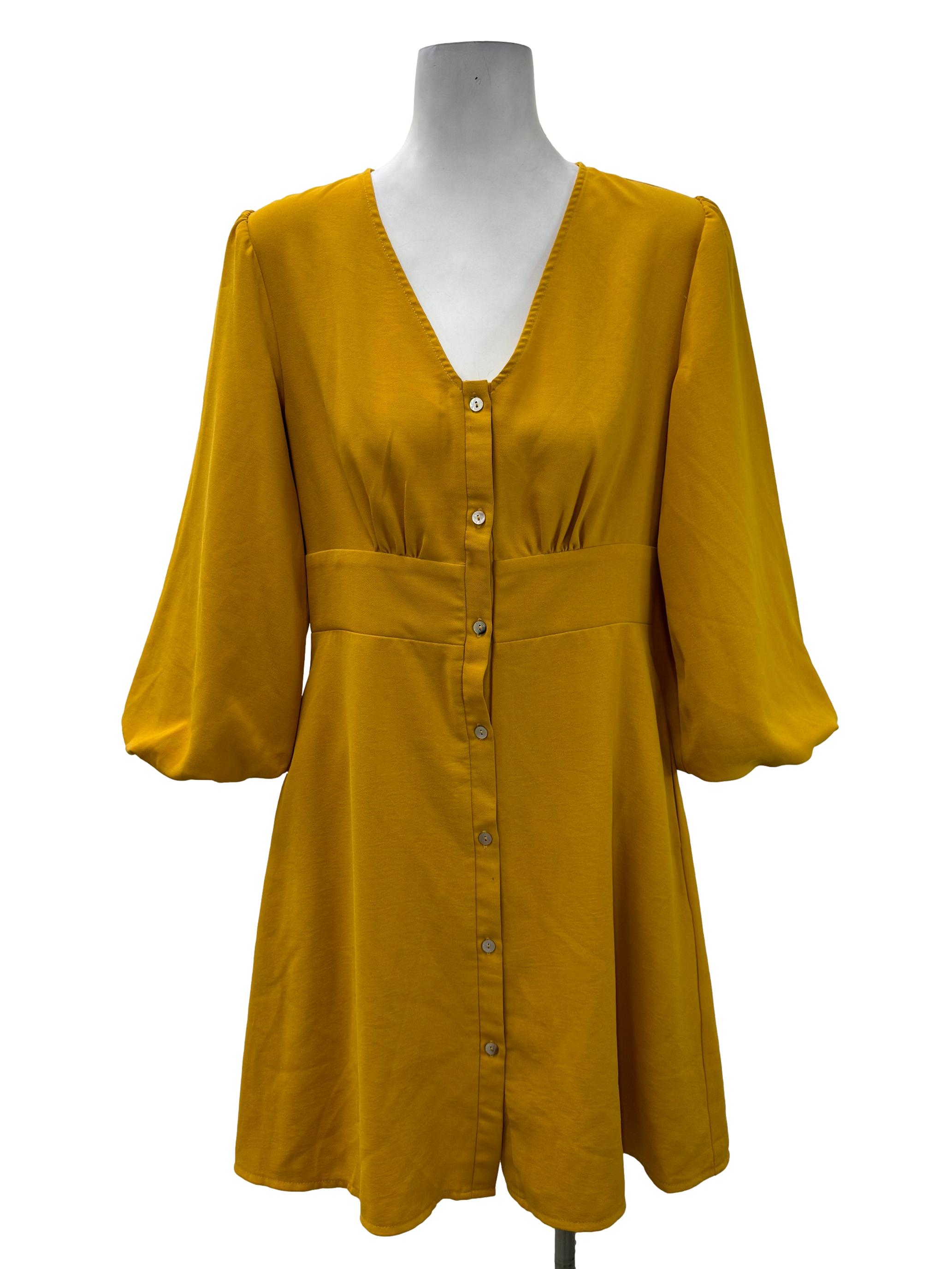 Yellow Ballon Sleeves Button Dress