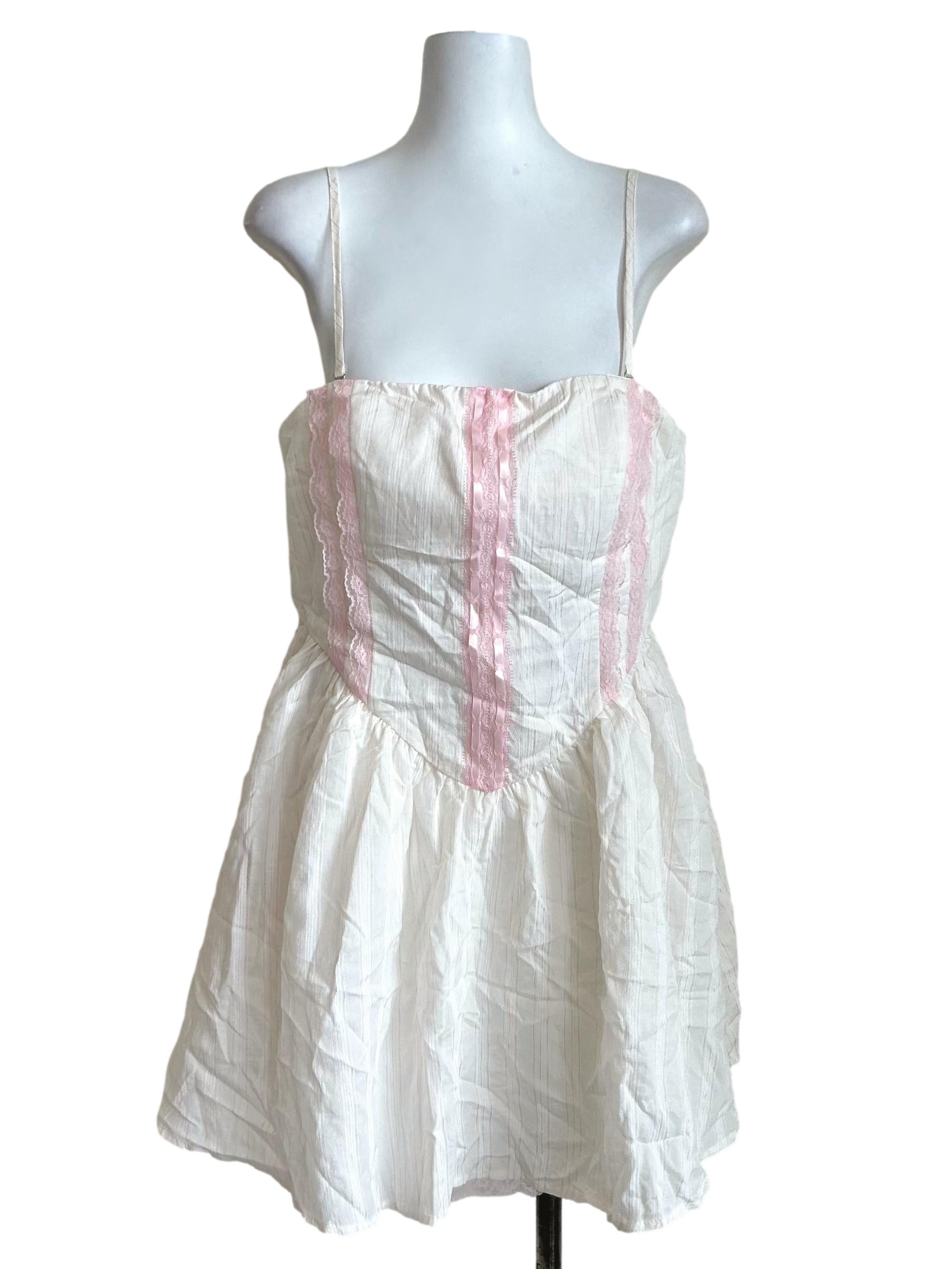 White Pink Ribbon Mini Dress