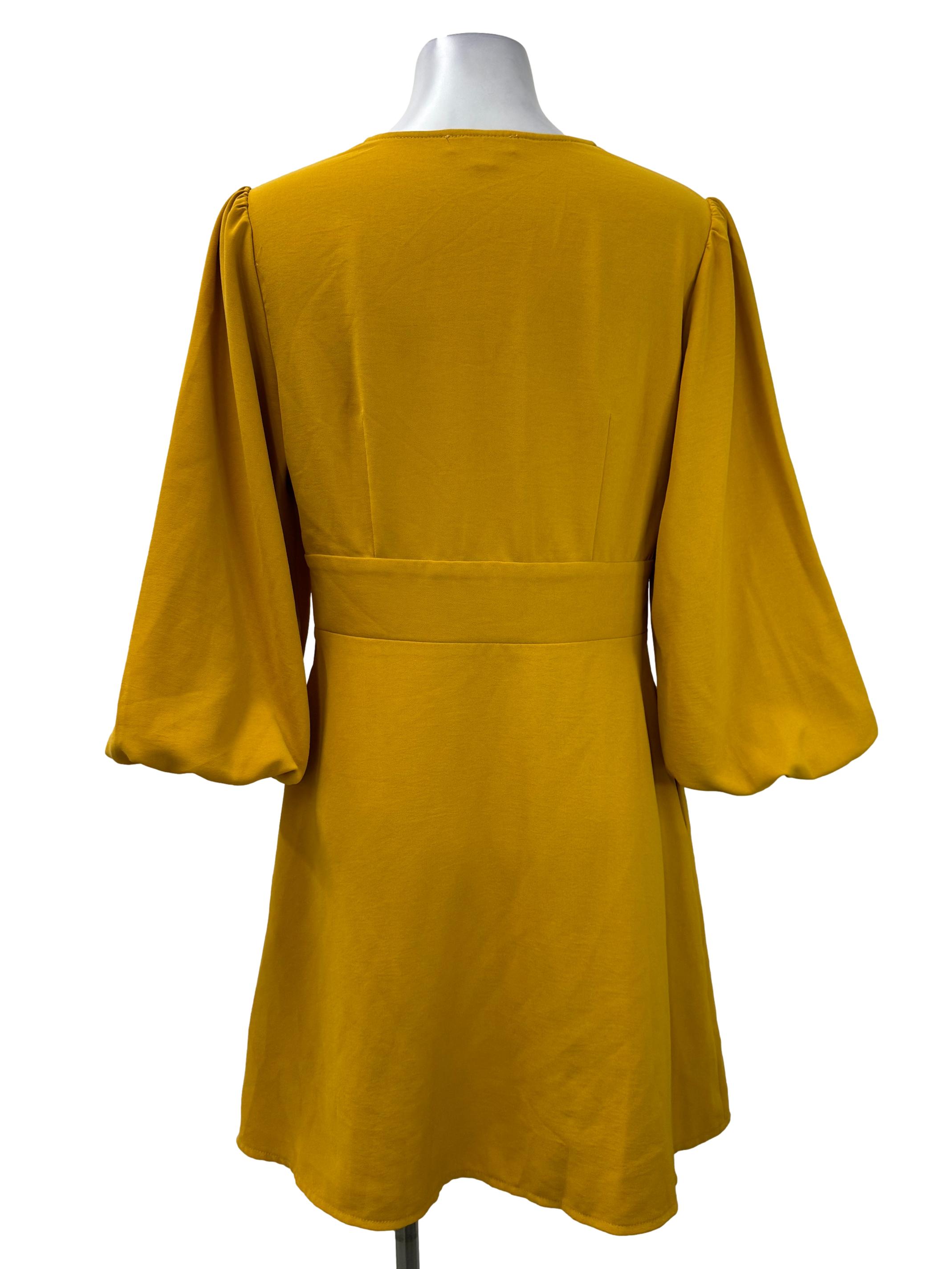 Yellow Ballon Sleeves Button Dress