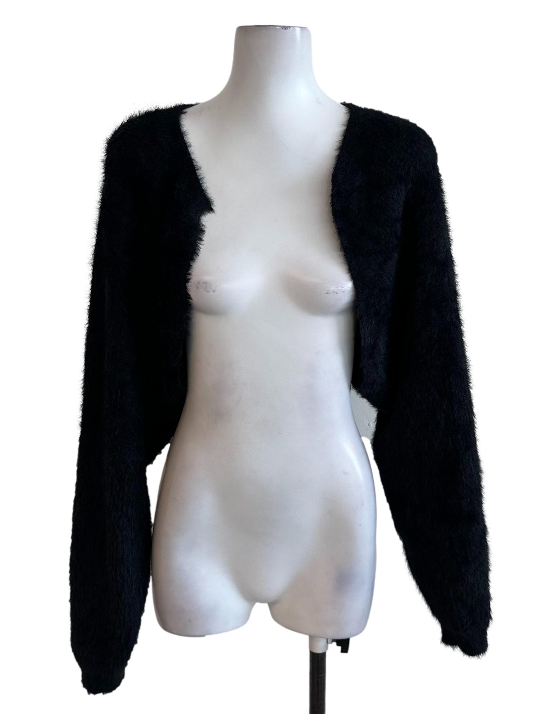 Raven Black Front Open Fur Crop Cardigan