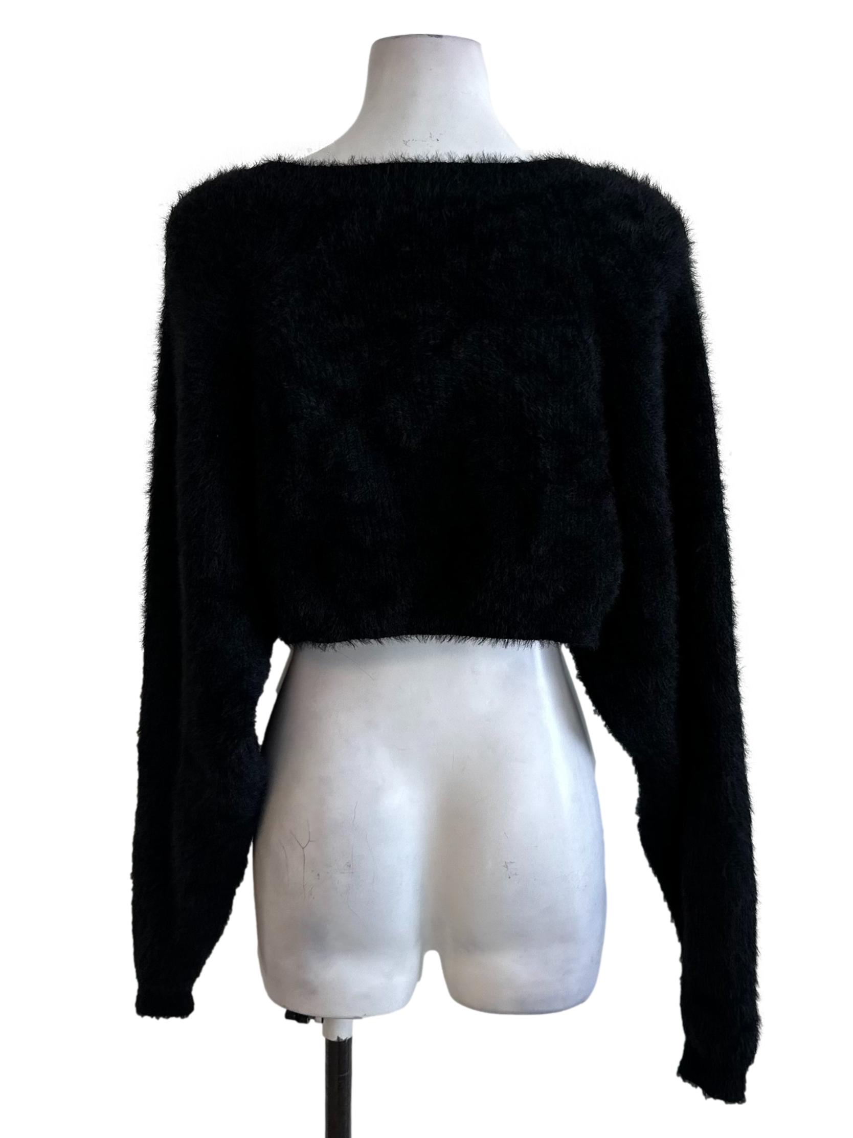 Raven Black Front Open Fur Crop Cardigan