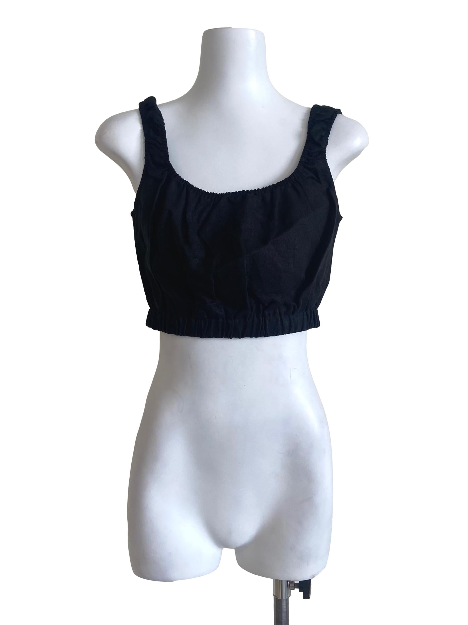 Black Textured Linen Crop Top OSN