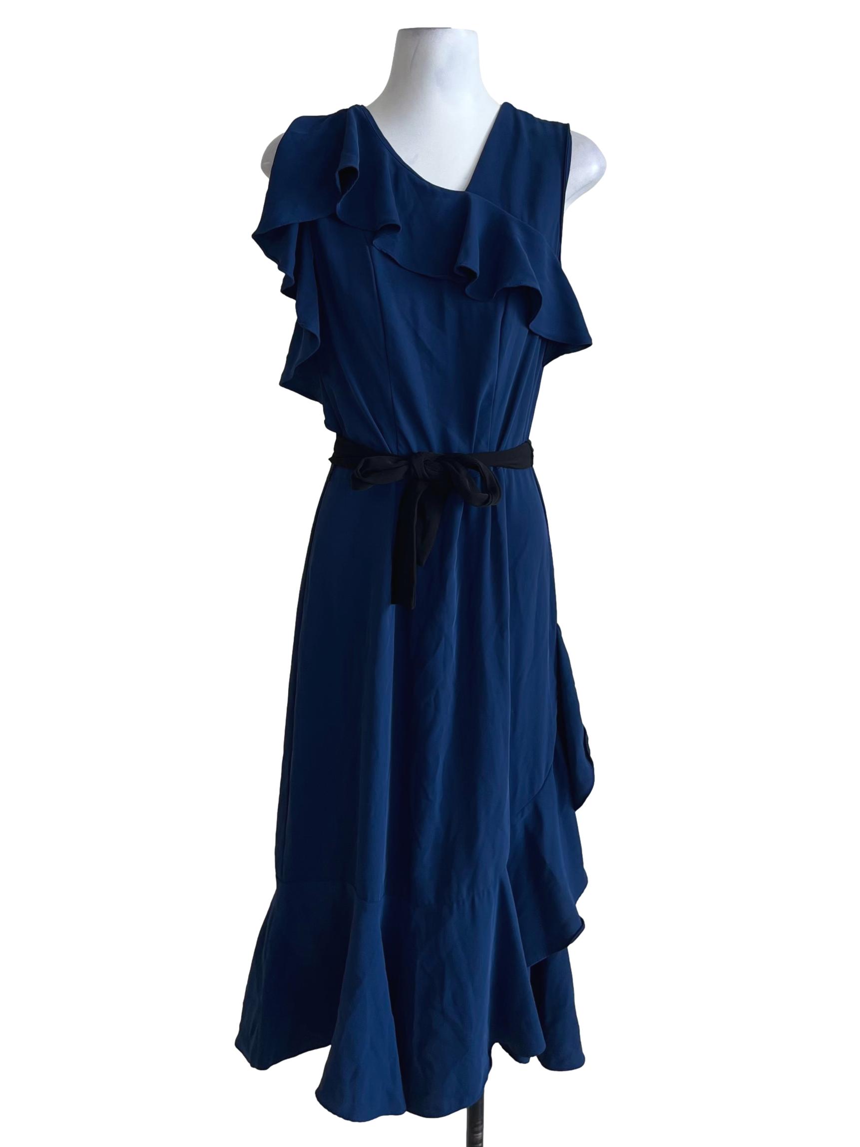 Navy Blue Asymmetrical Neckline A-Line Dress