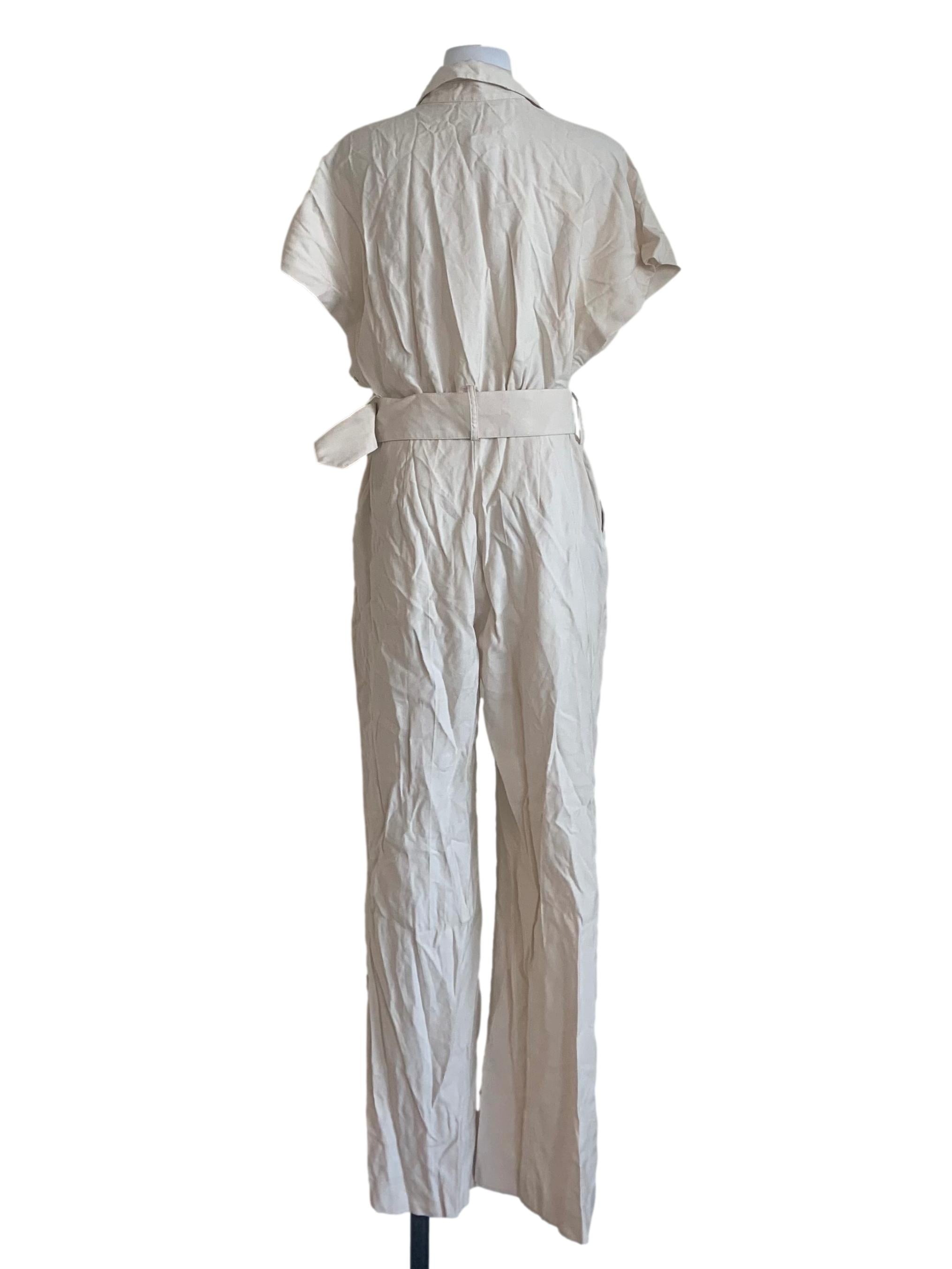 Bone Beige Collared Wide Leg Jumpsuit