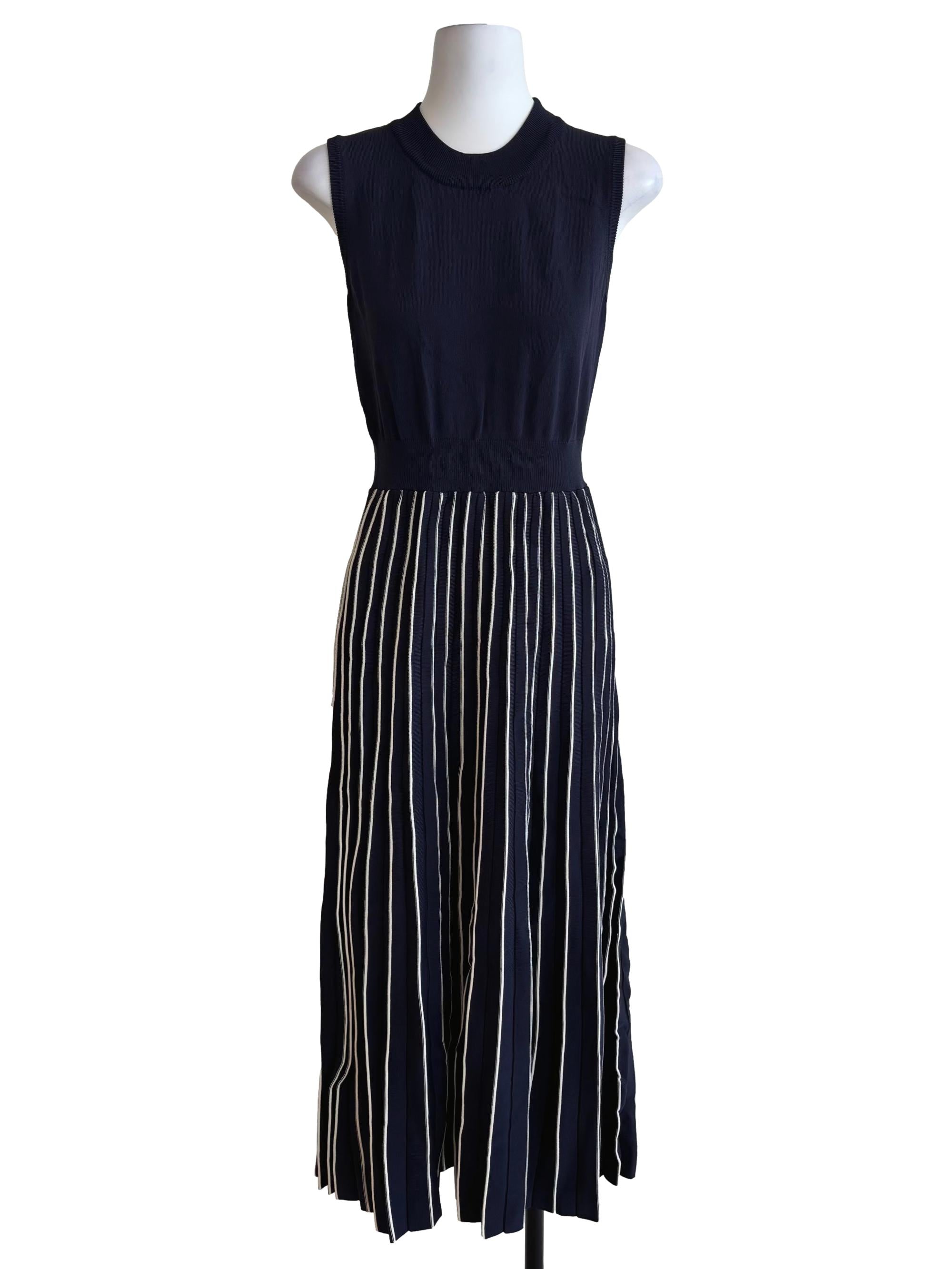 Navy Knitted Stripe Pleat Dress OSN