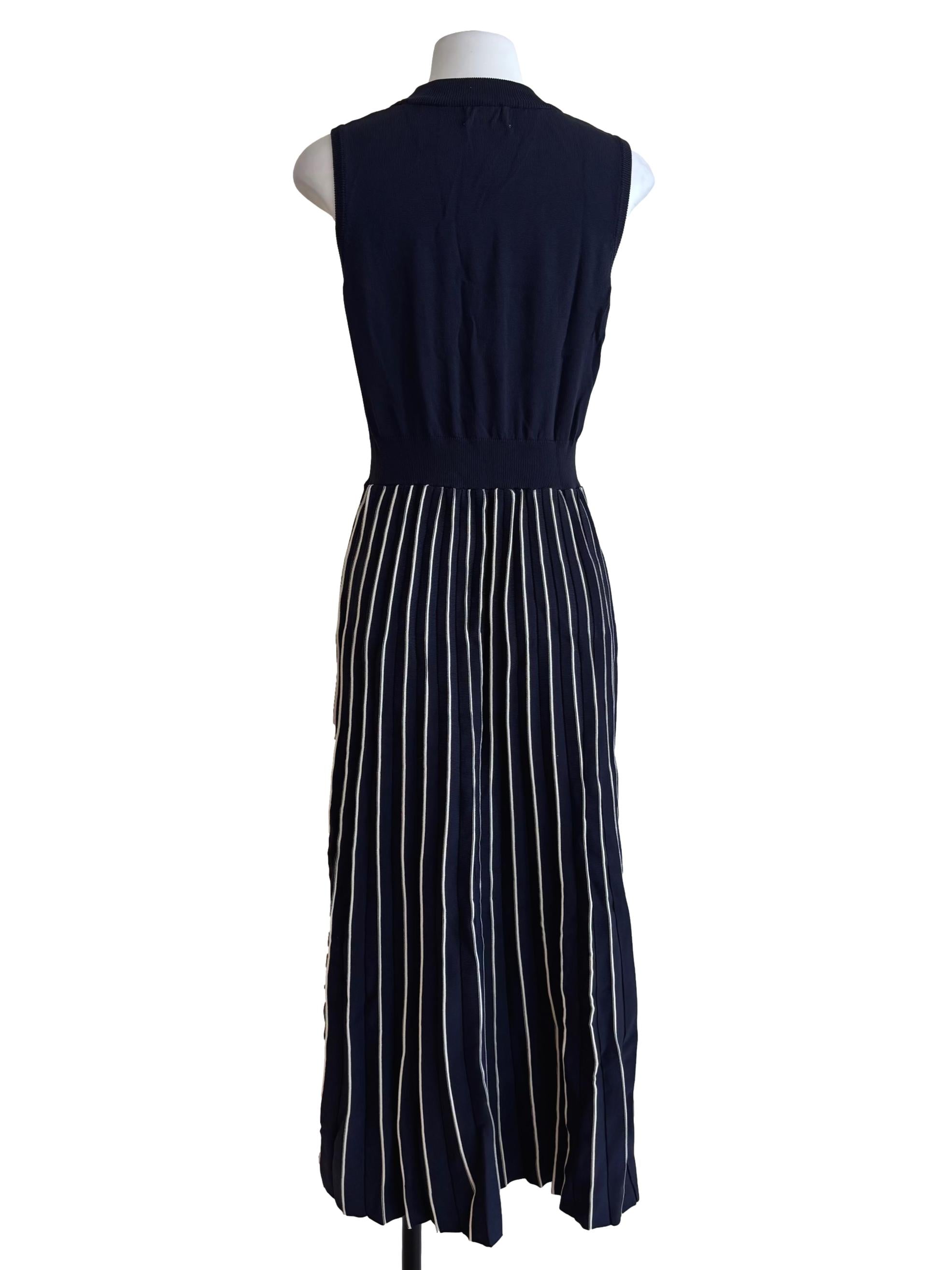 Navy Knitted Stripe Pleat Dress OSN