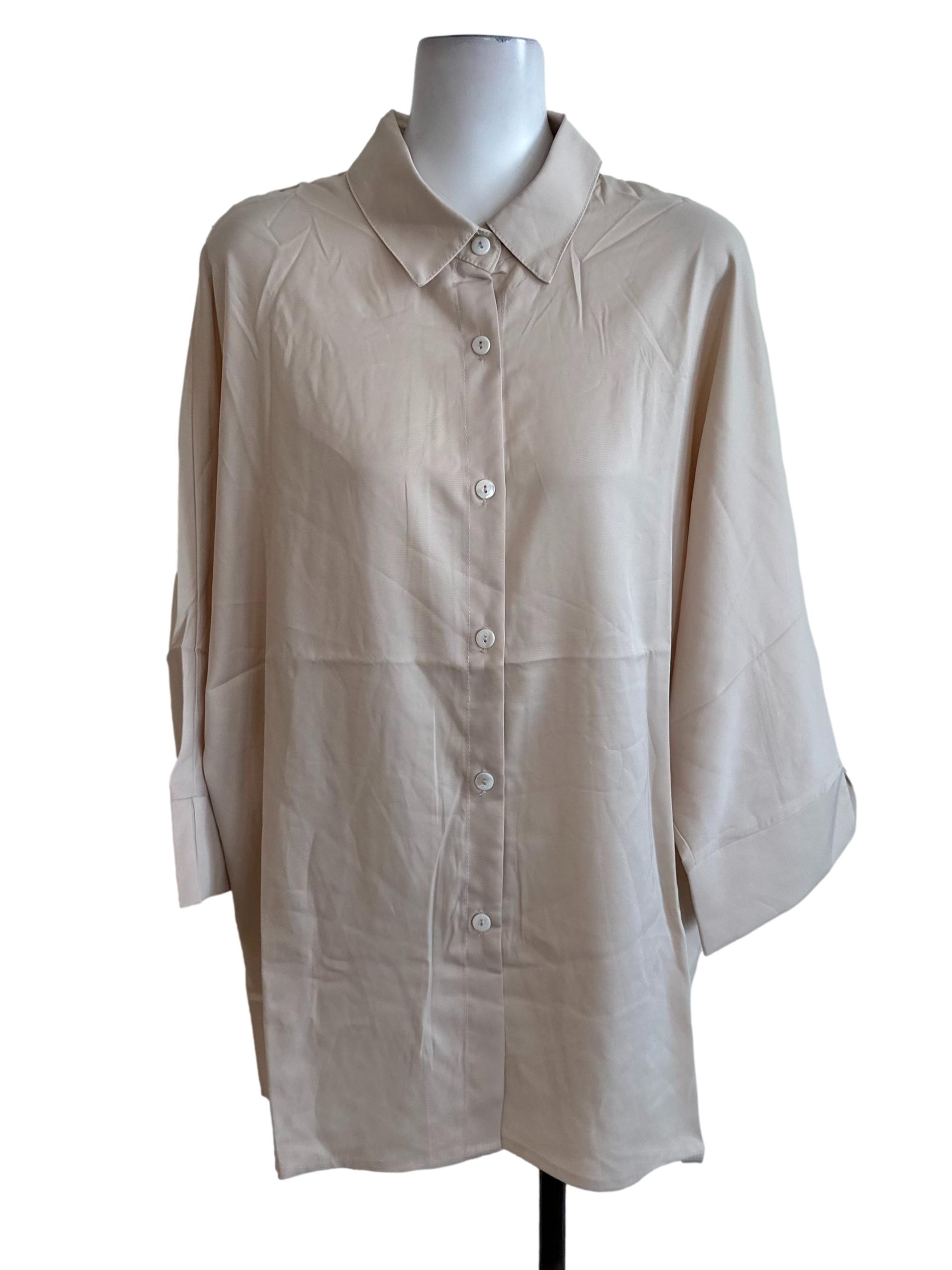 Sand Beige Satin Collar Button Top