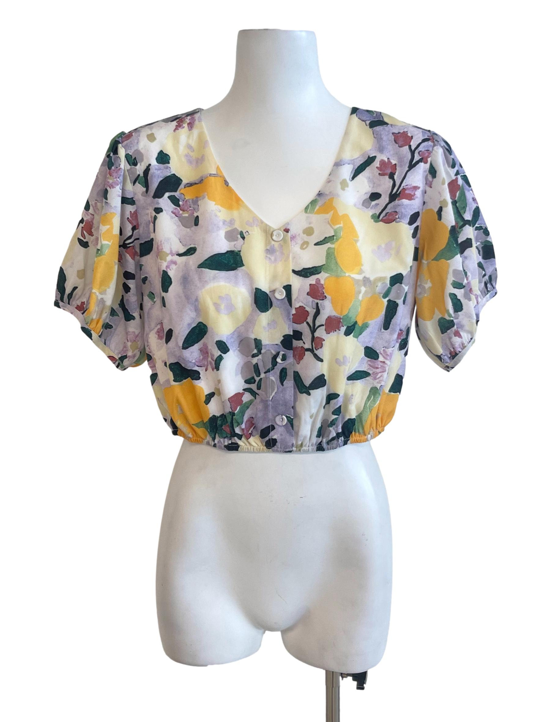 Purple Floral Abstract Puff Sleeve Cuff Waist Top TCL