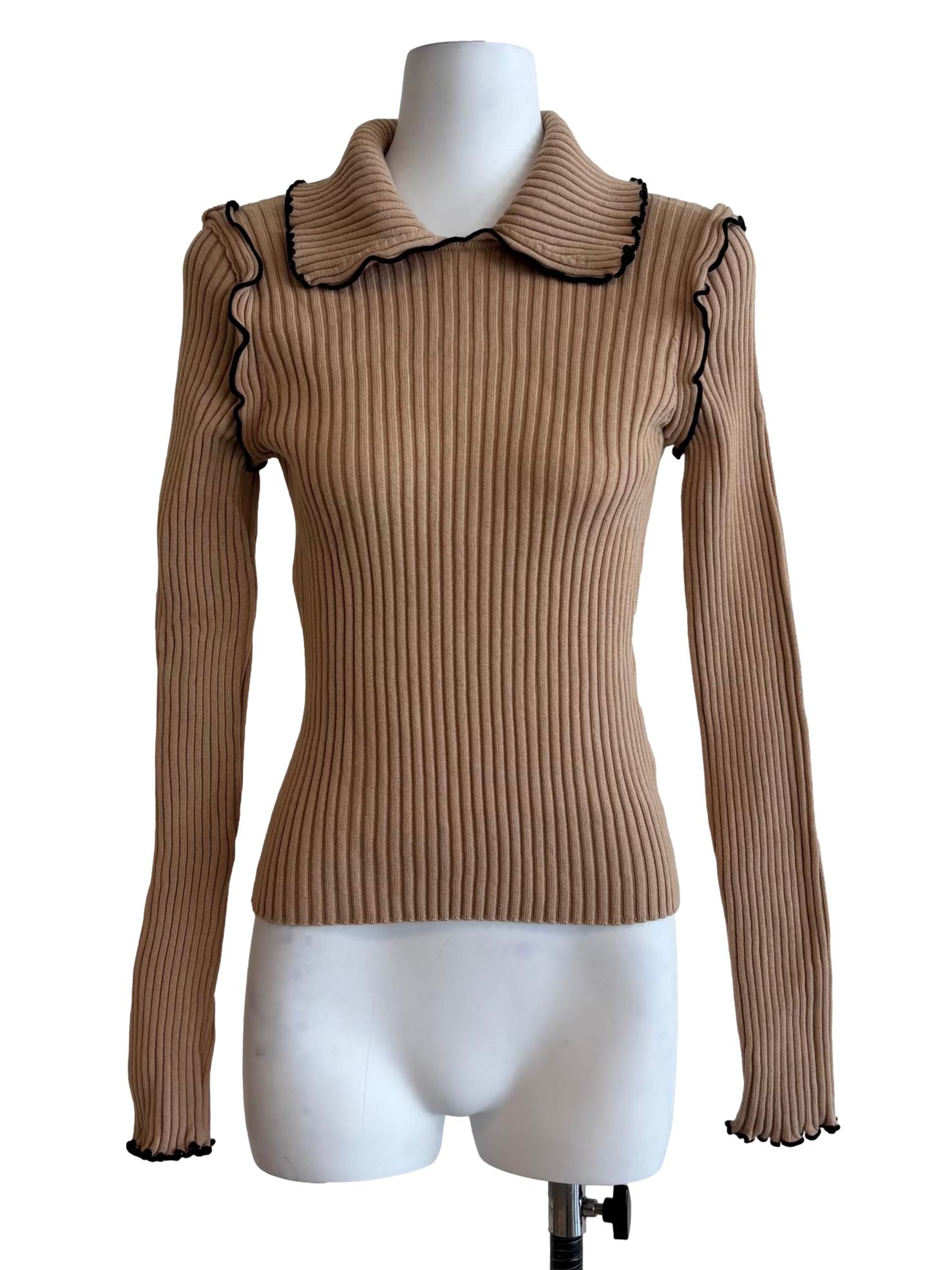 Beige Frilled Edge Ribbed Wool Top