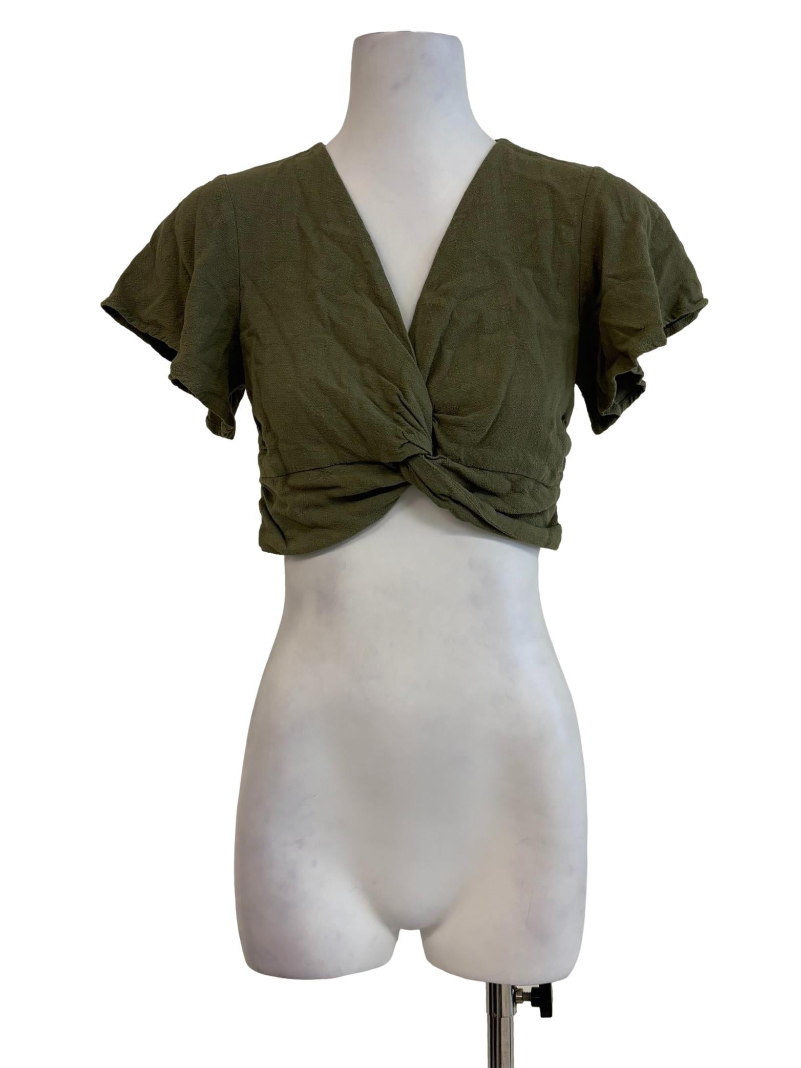 Olive Green Front Twist Linen Top