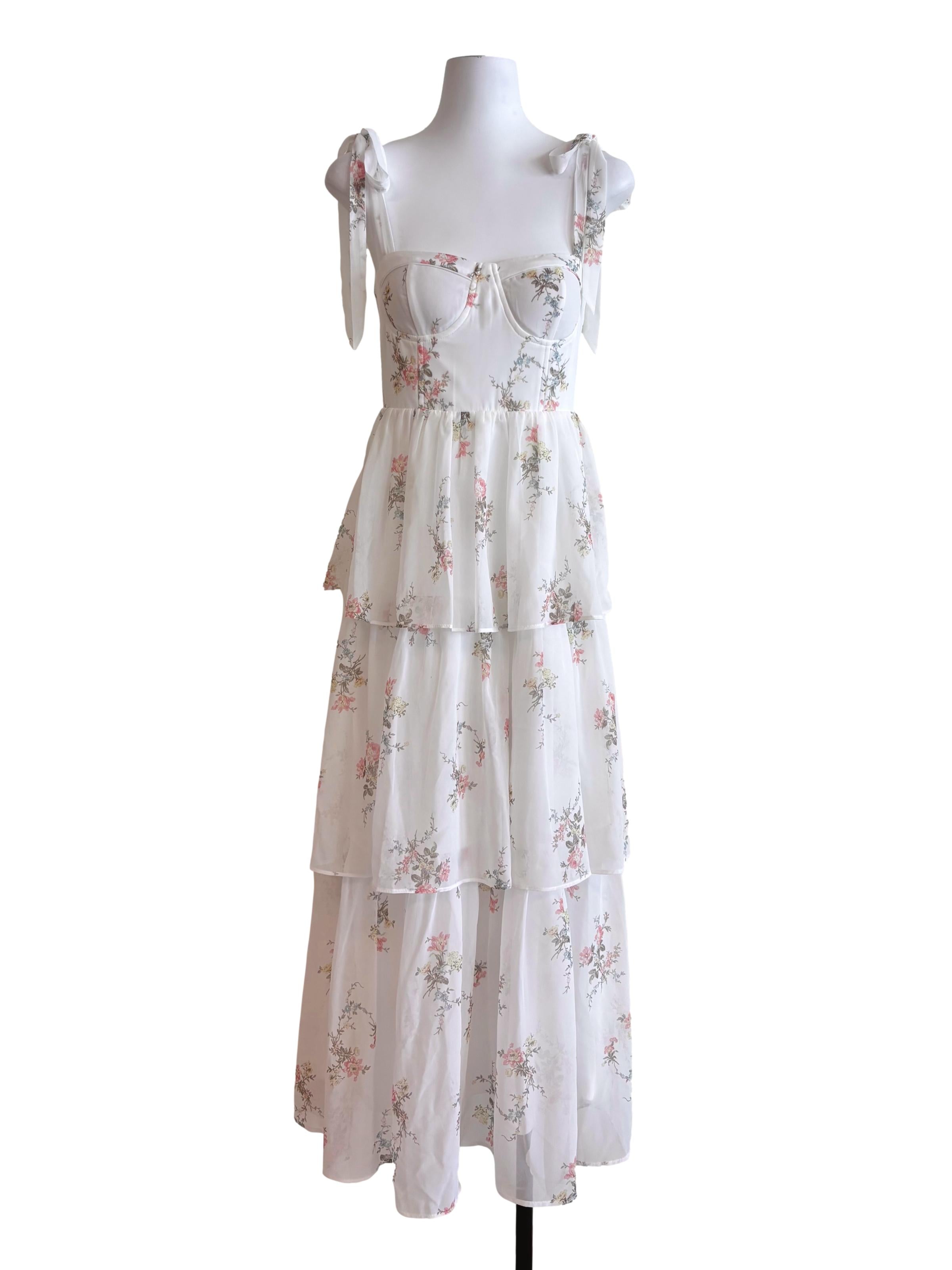 White Floral Tie Strap Layered Dress