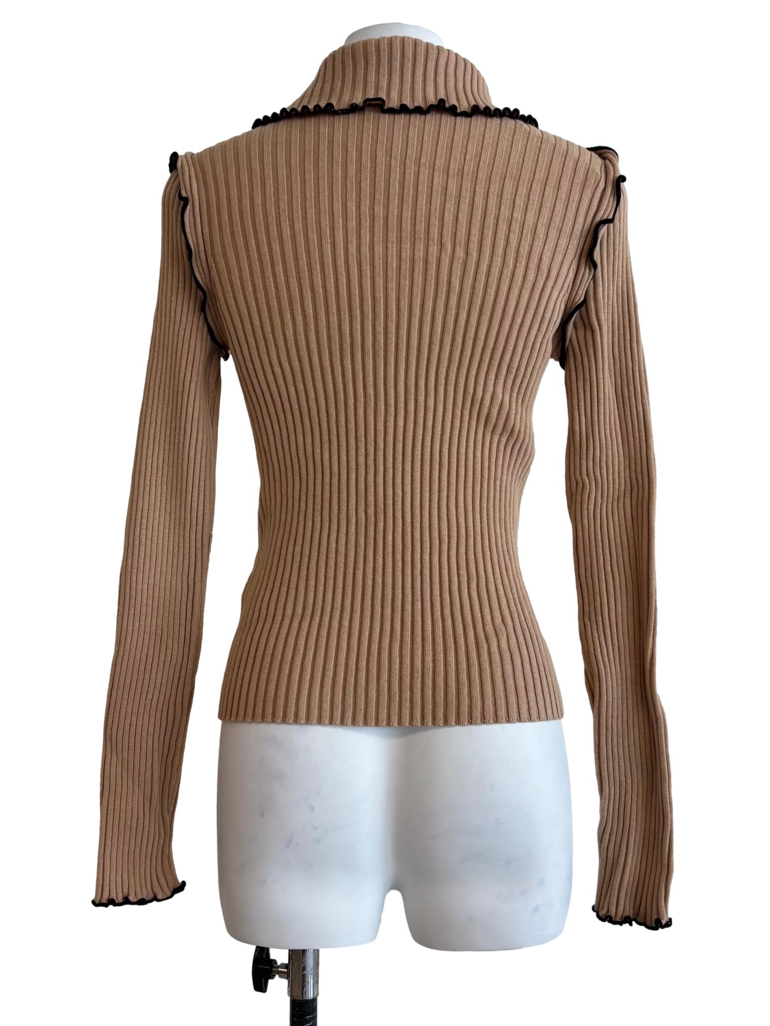 Beige Frilled Edge Ribbed Wool Top