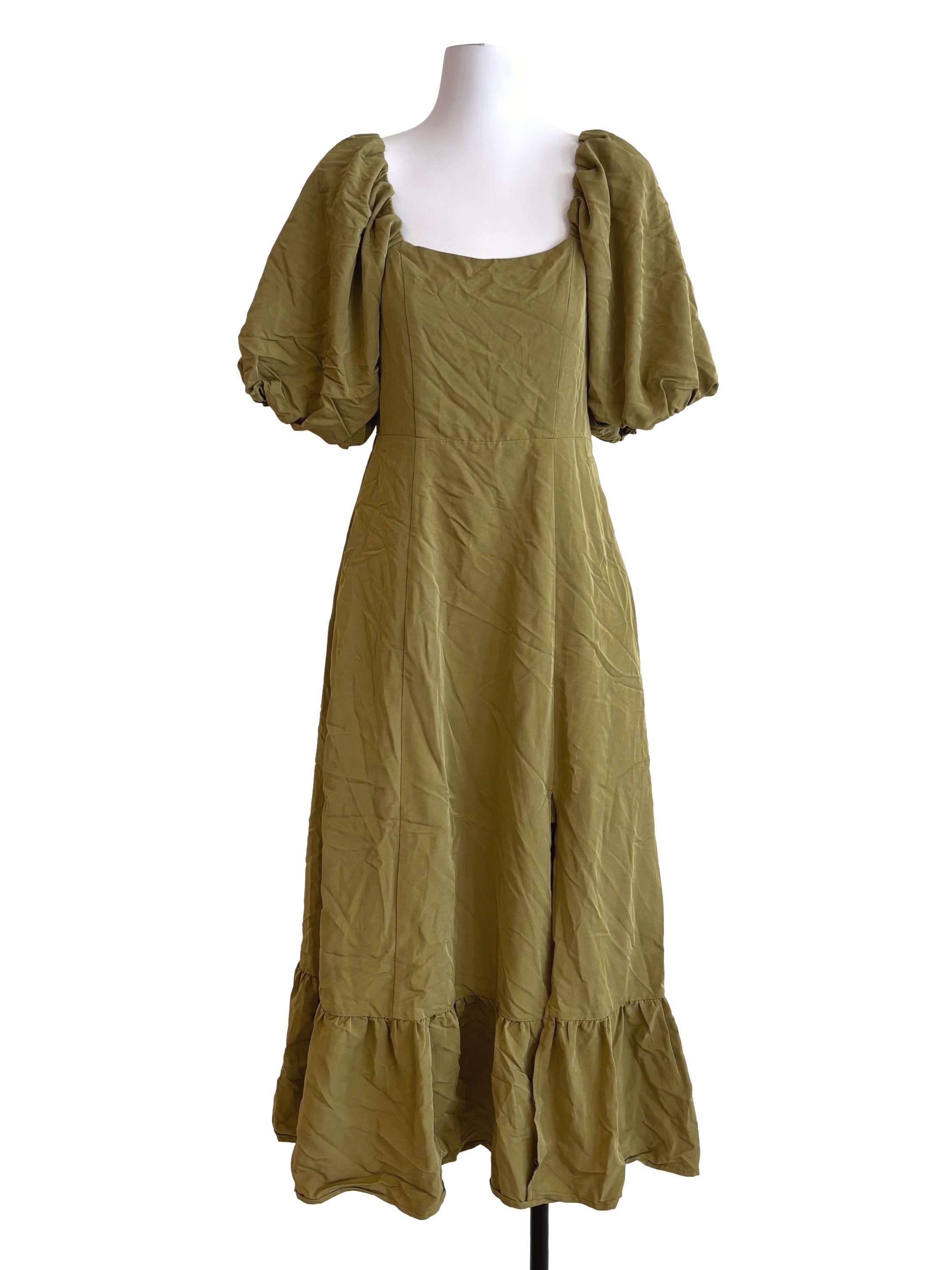 Army Green Square Neck Puff Sleeve Dress