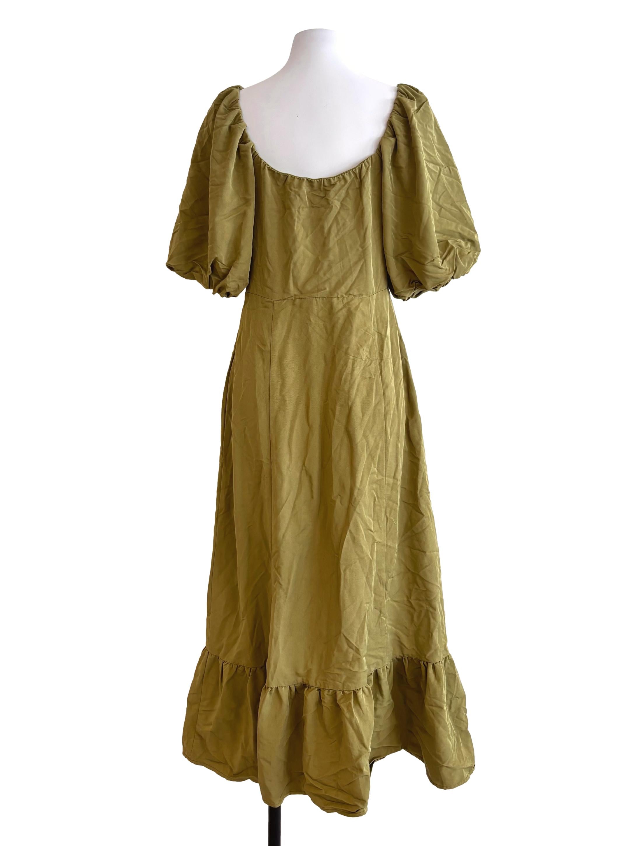 Army Green Square Neck Puff Sleeve Dress