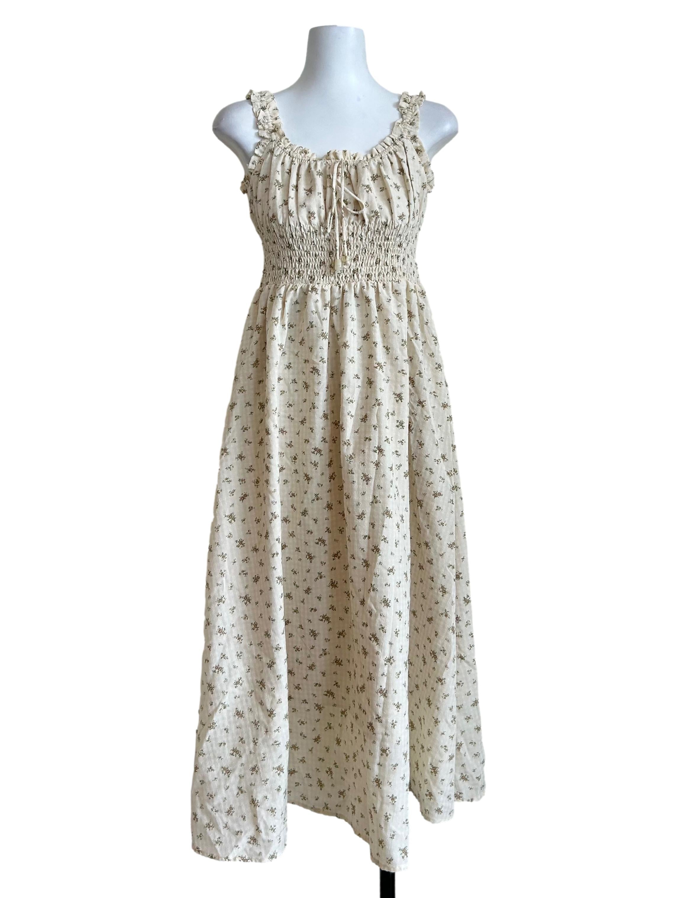 Cream Floral Smocked Sleeveless Dress