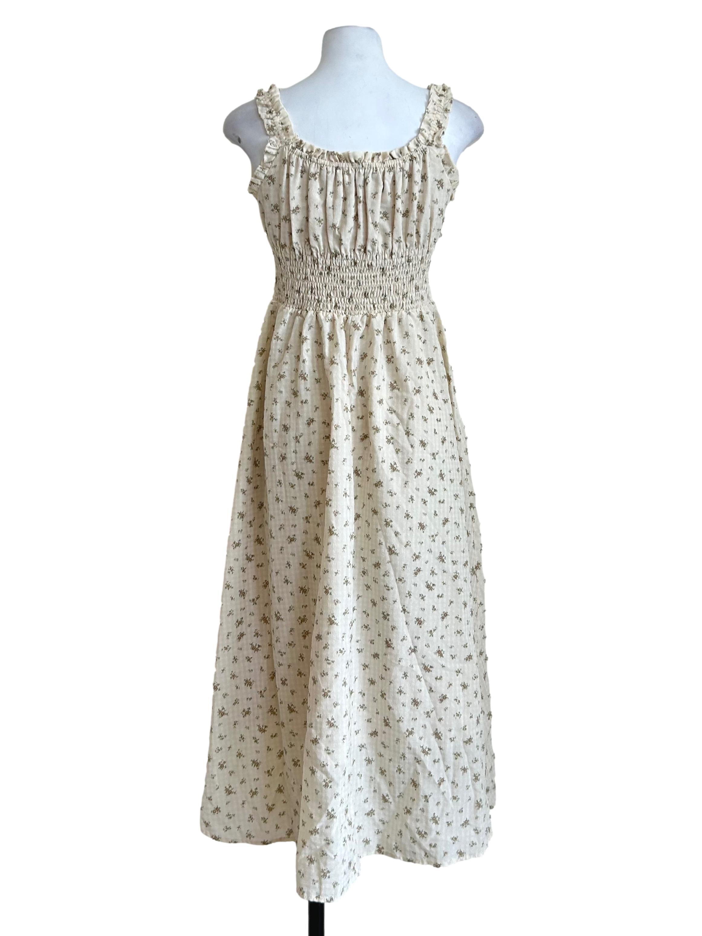 Cream Floral Smocked Sleeveless Dress