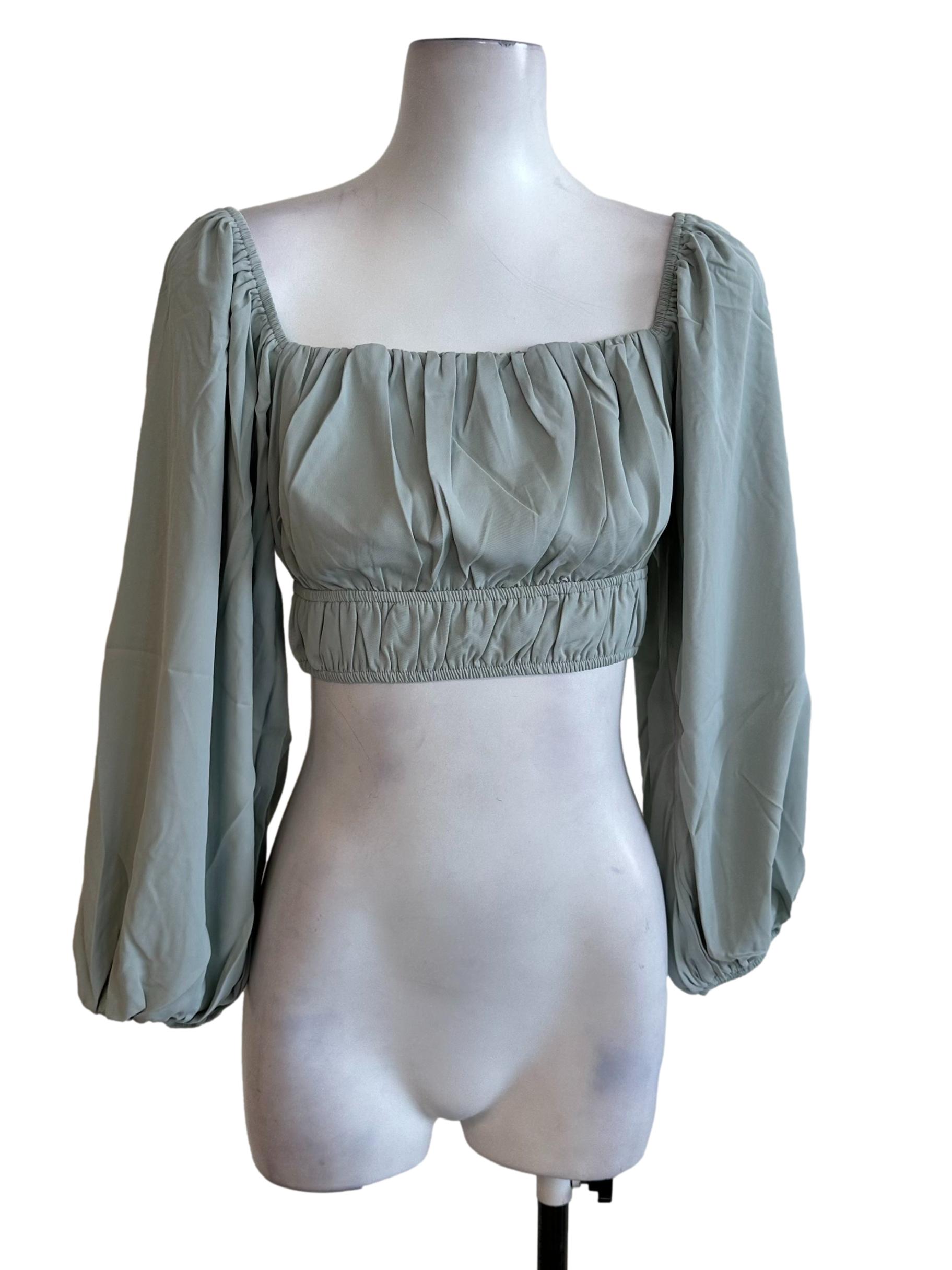 Pastel Green Ruched Long Sleeve Crop Top