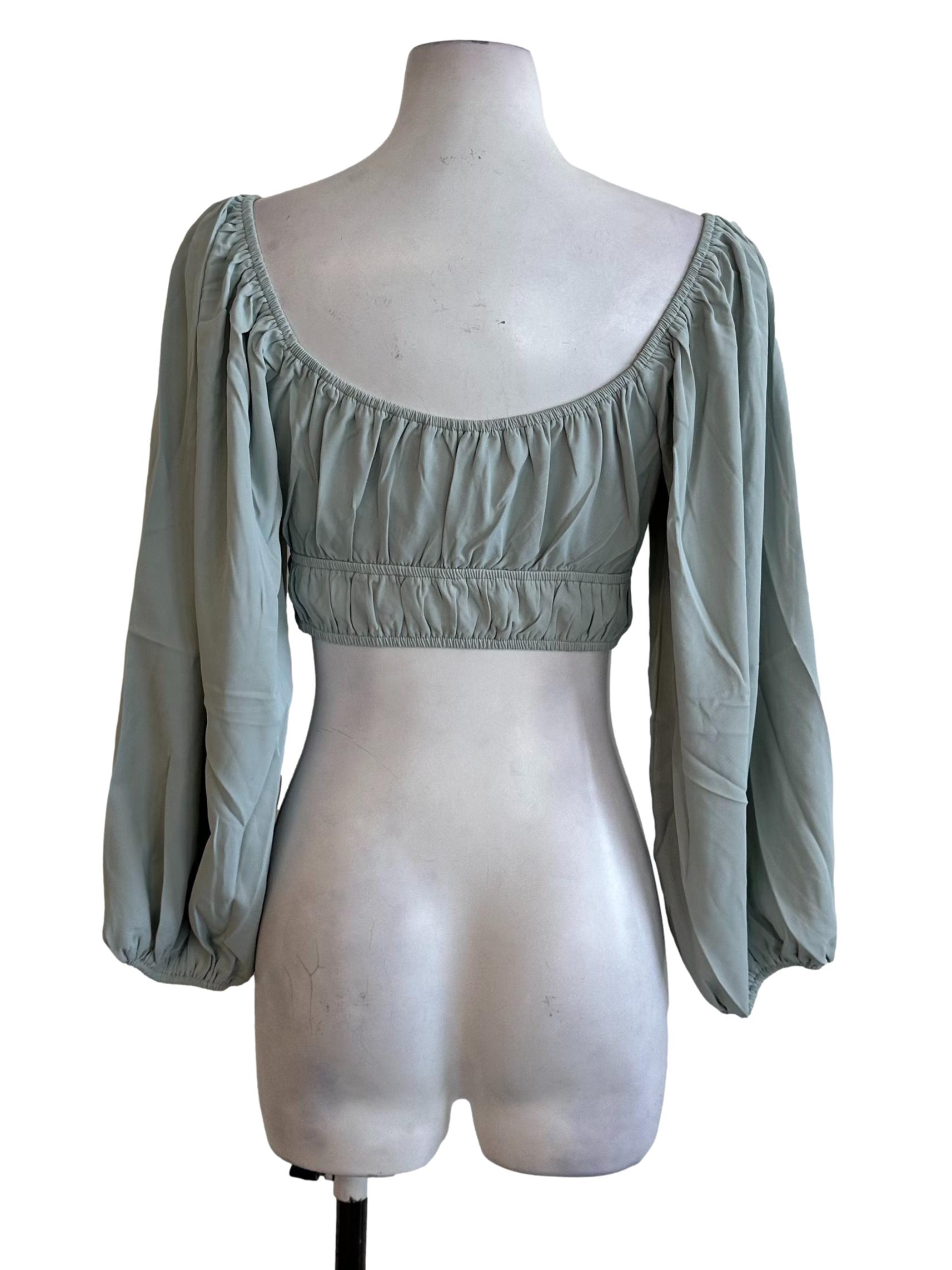 Pastel Green Ruched Long Sleeve Crop Top