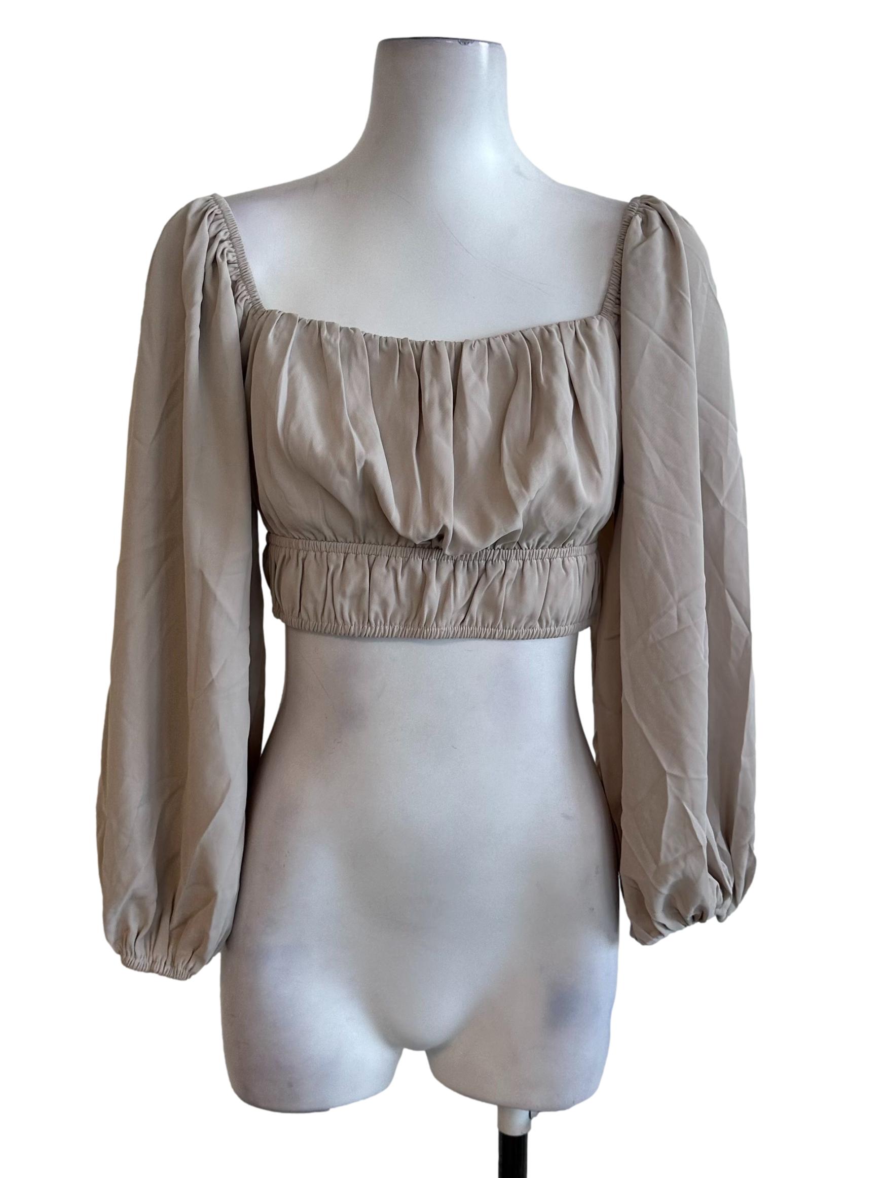 Sand Beige Ruched Long Sleeve Crop Top