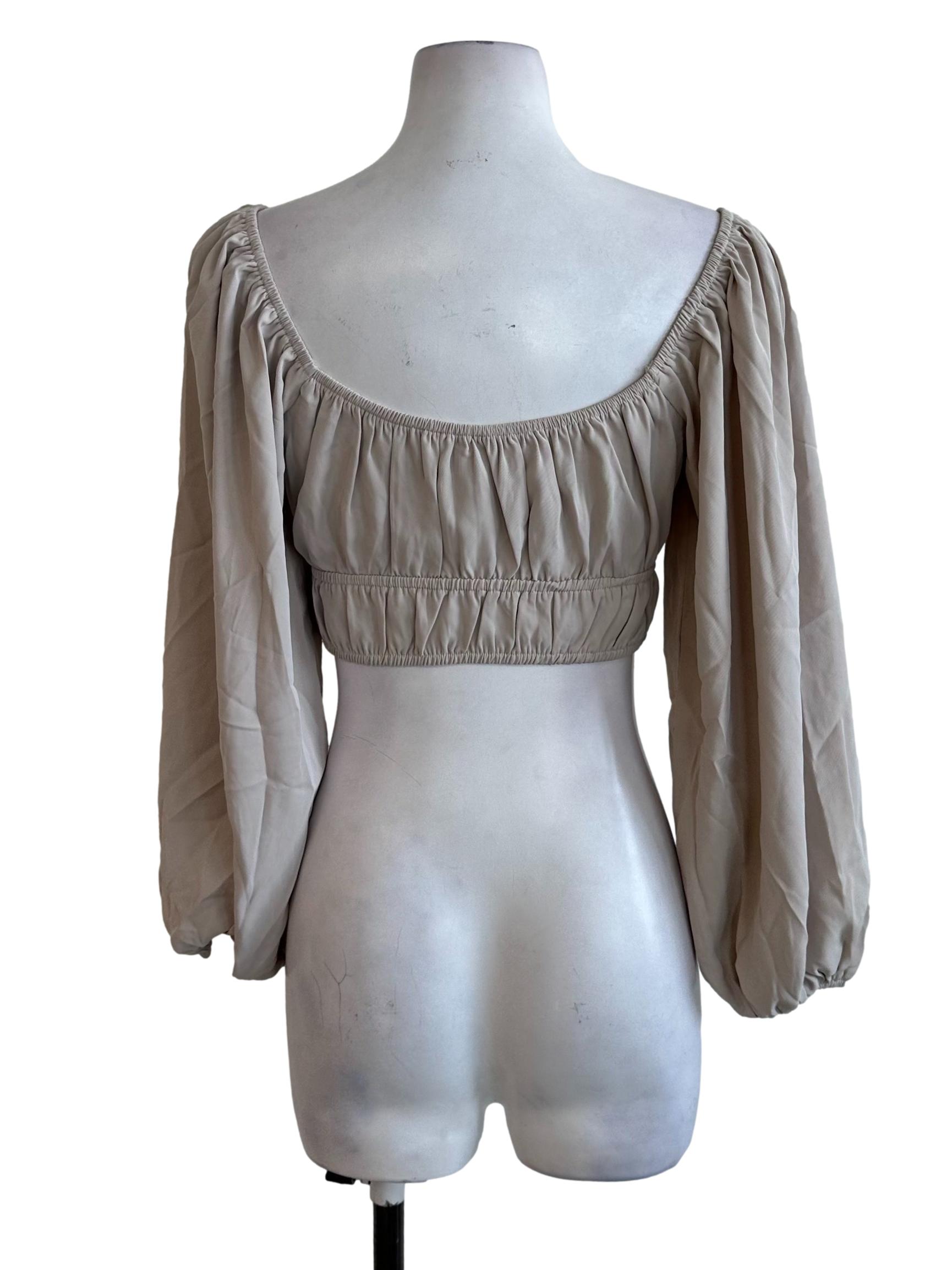 Sand Beige Ruched Long Sleeve Crop Top