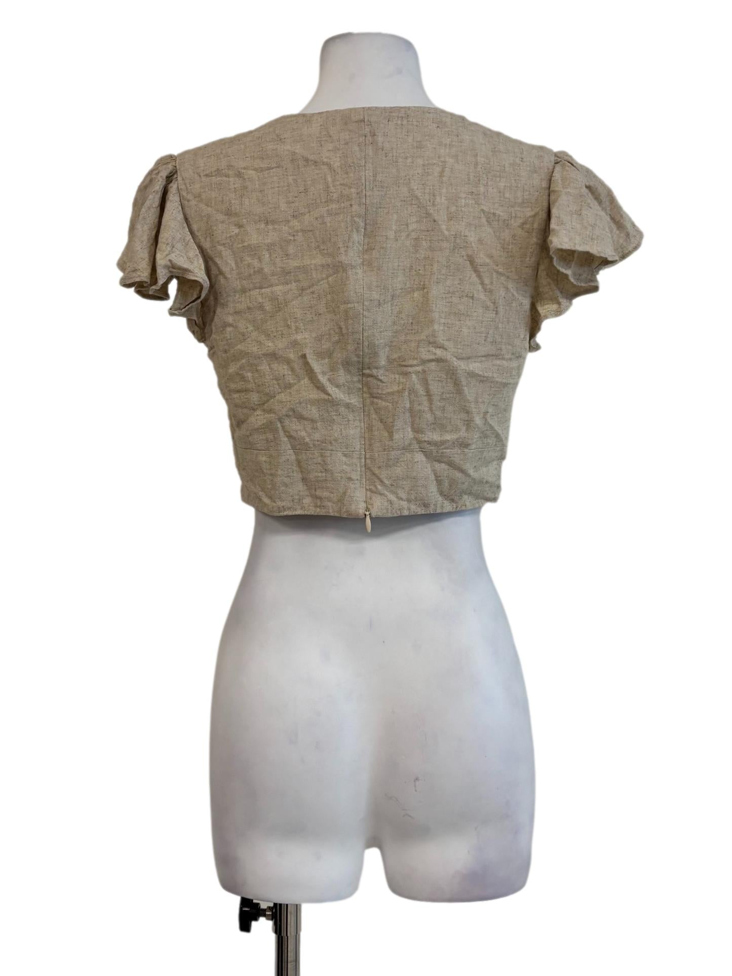 Beige Front Knot Linen Crop Top