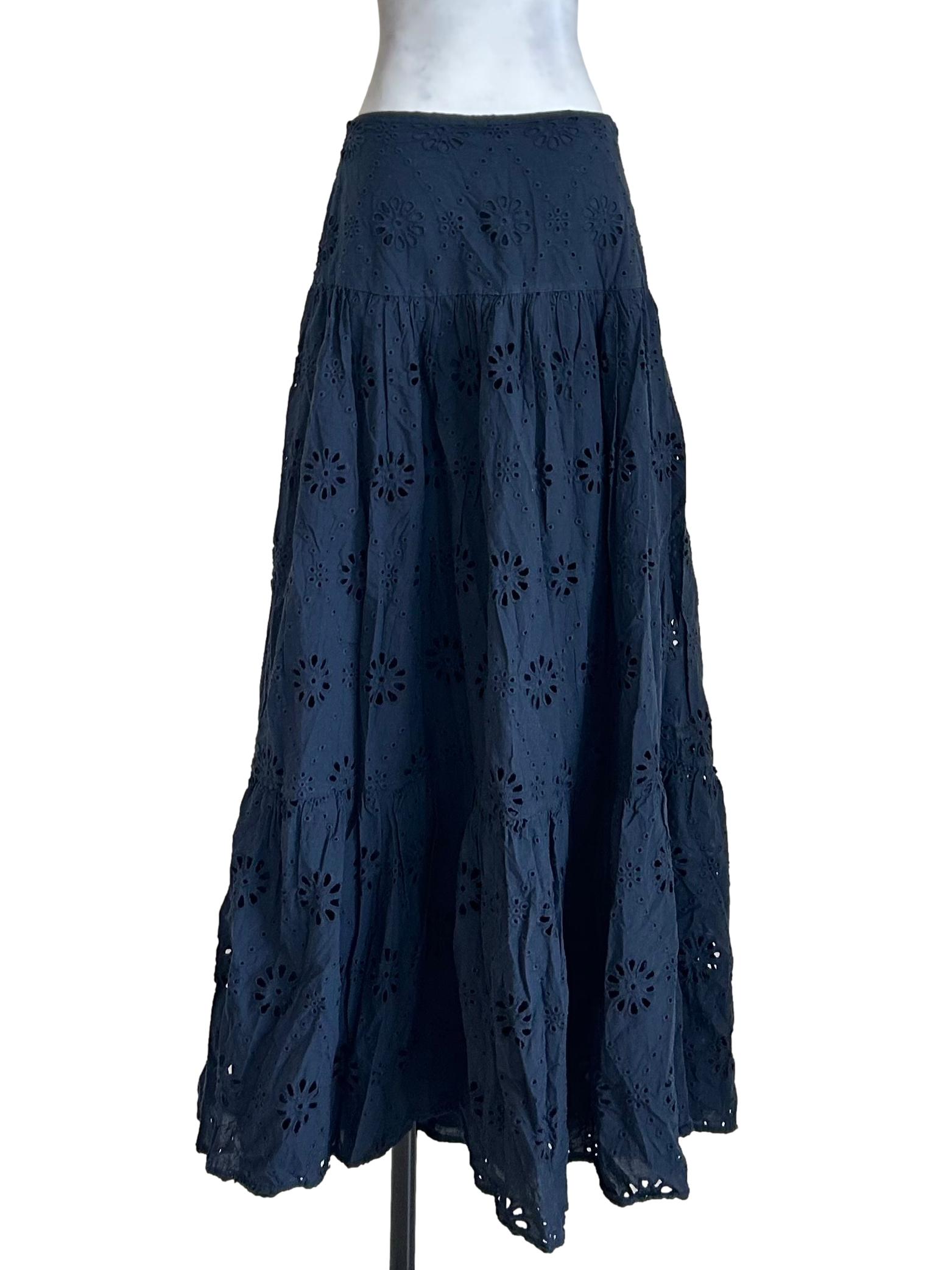 Navy Eyelet Tiered Maxi Skirt