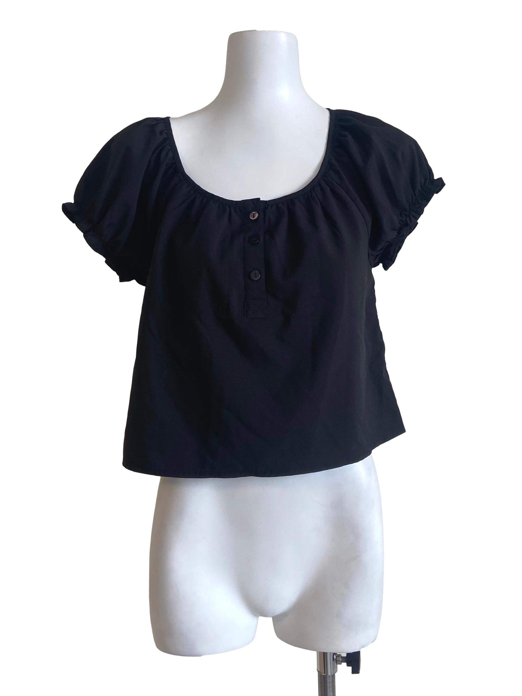 Black Half Button Jewel Neck Blouse