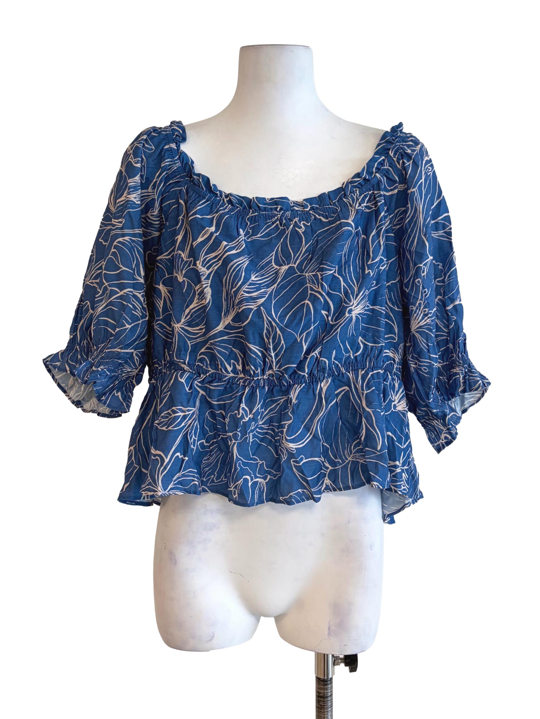 Cobalt Blue Floral Motive Printed Puff Sleeve Crop Top