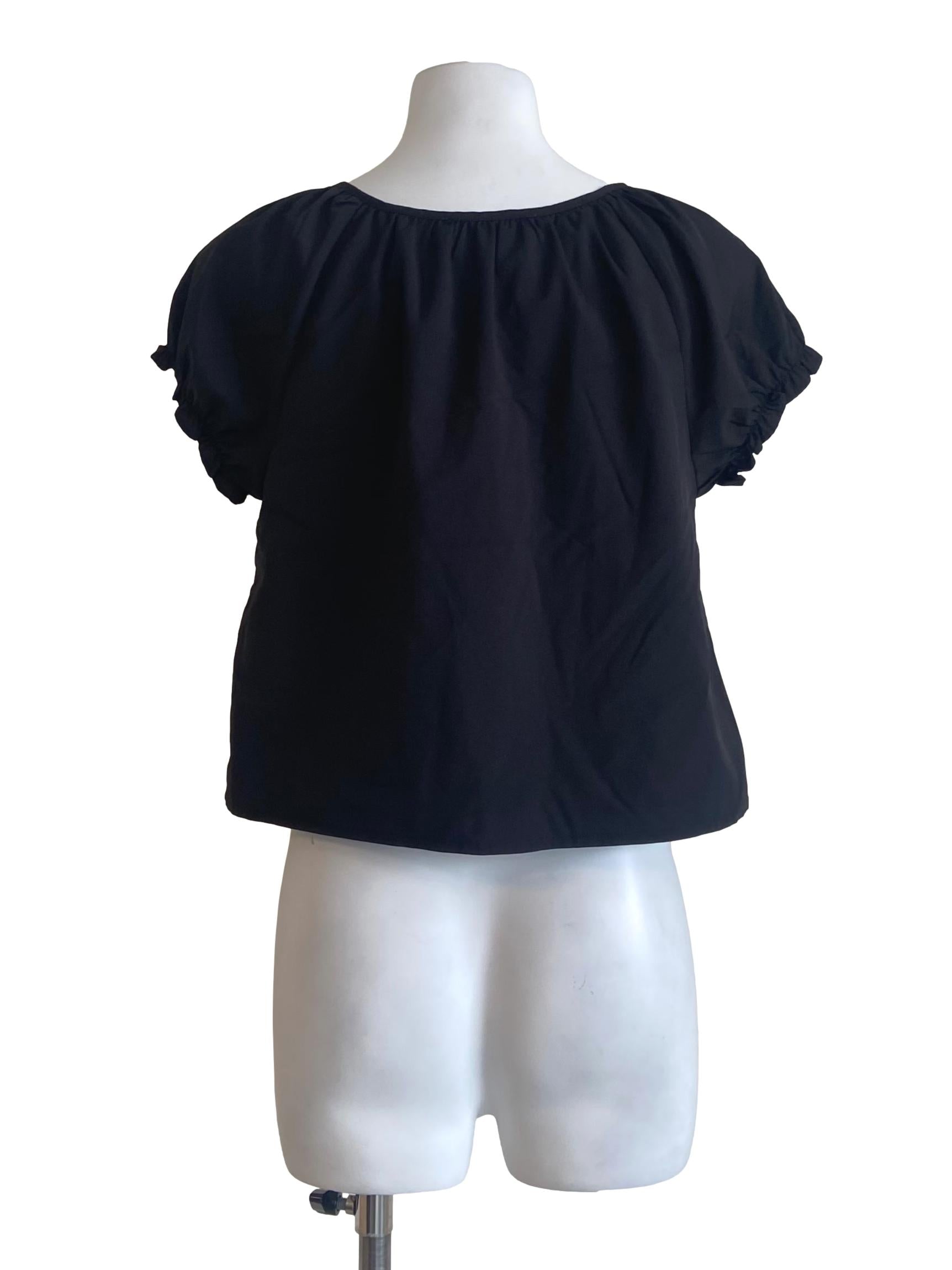 Black Half Button Jewel Neck Blouse