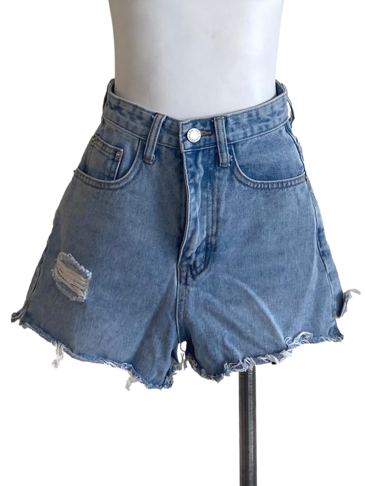 Blue Herringbone Distressed Denim Shorts