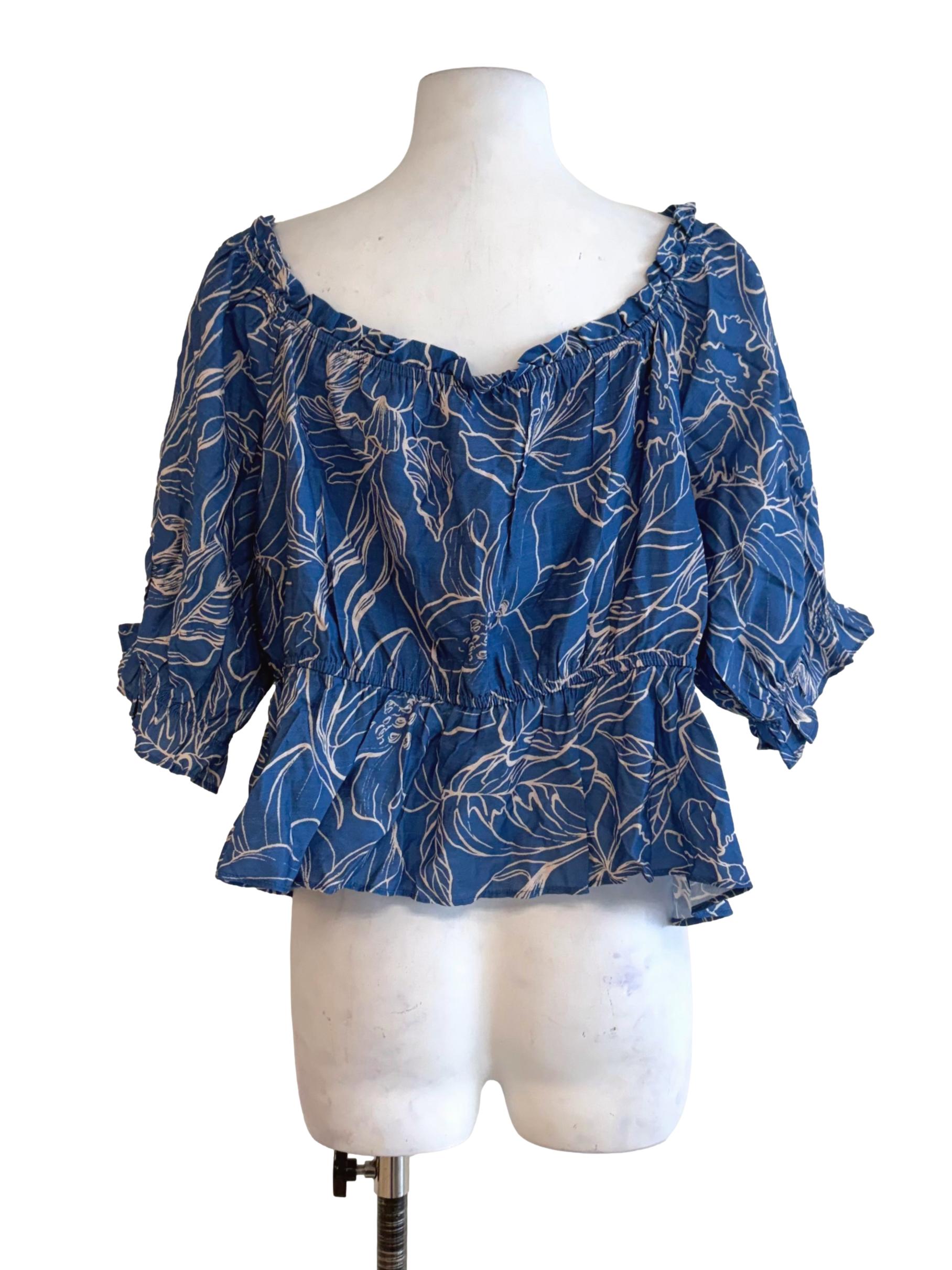 Cobalt Blue Floral Motive Printed Puff Sleeve Crop Top