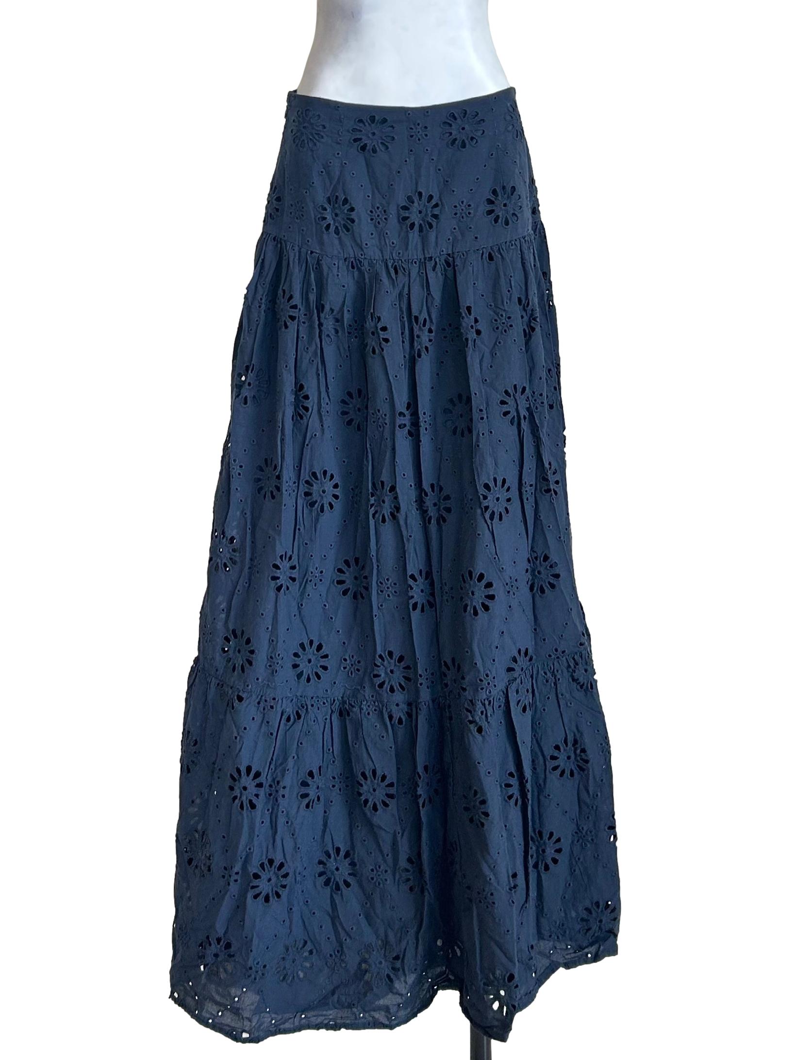 Navy Eyelet Tiered Maxi Skirt