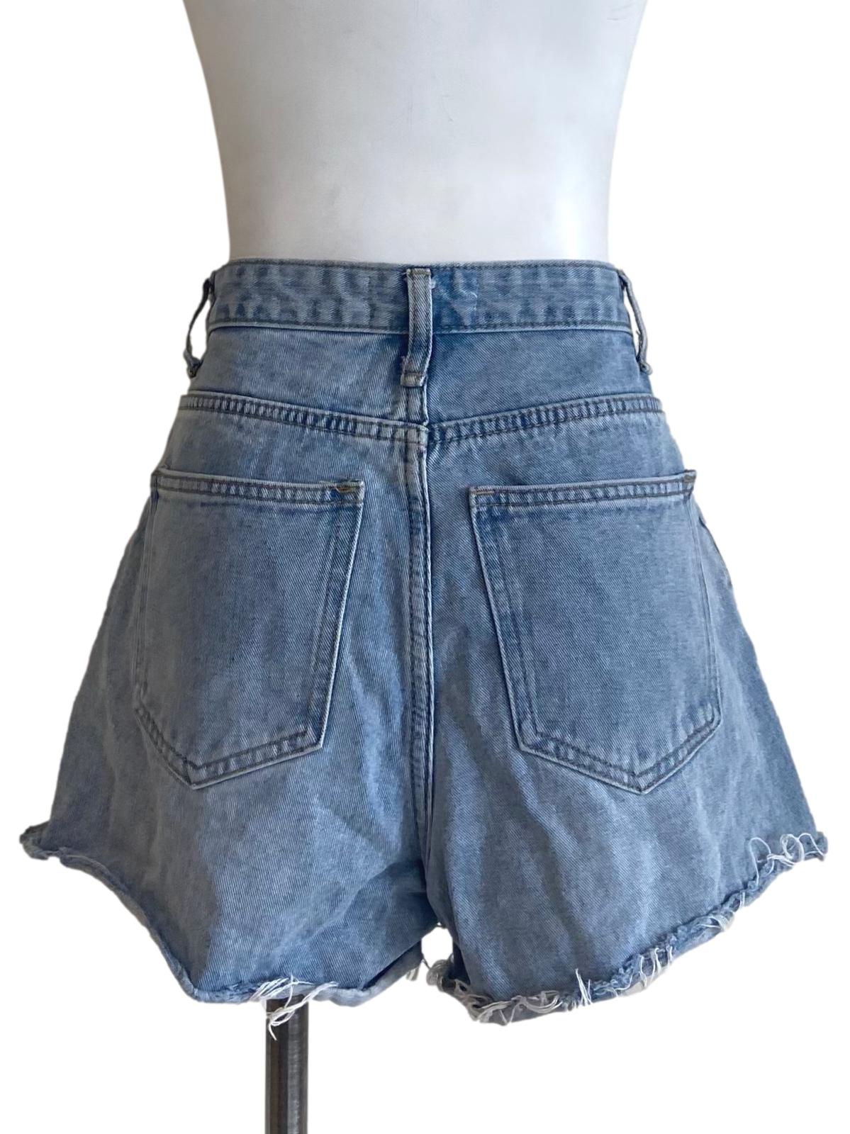 Blue Herringbone Distressed Denim Shorts