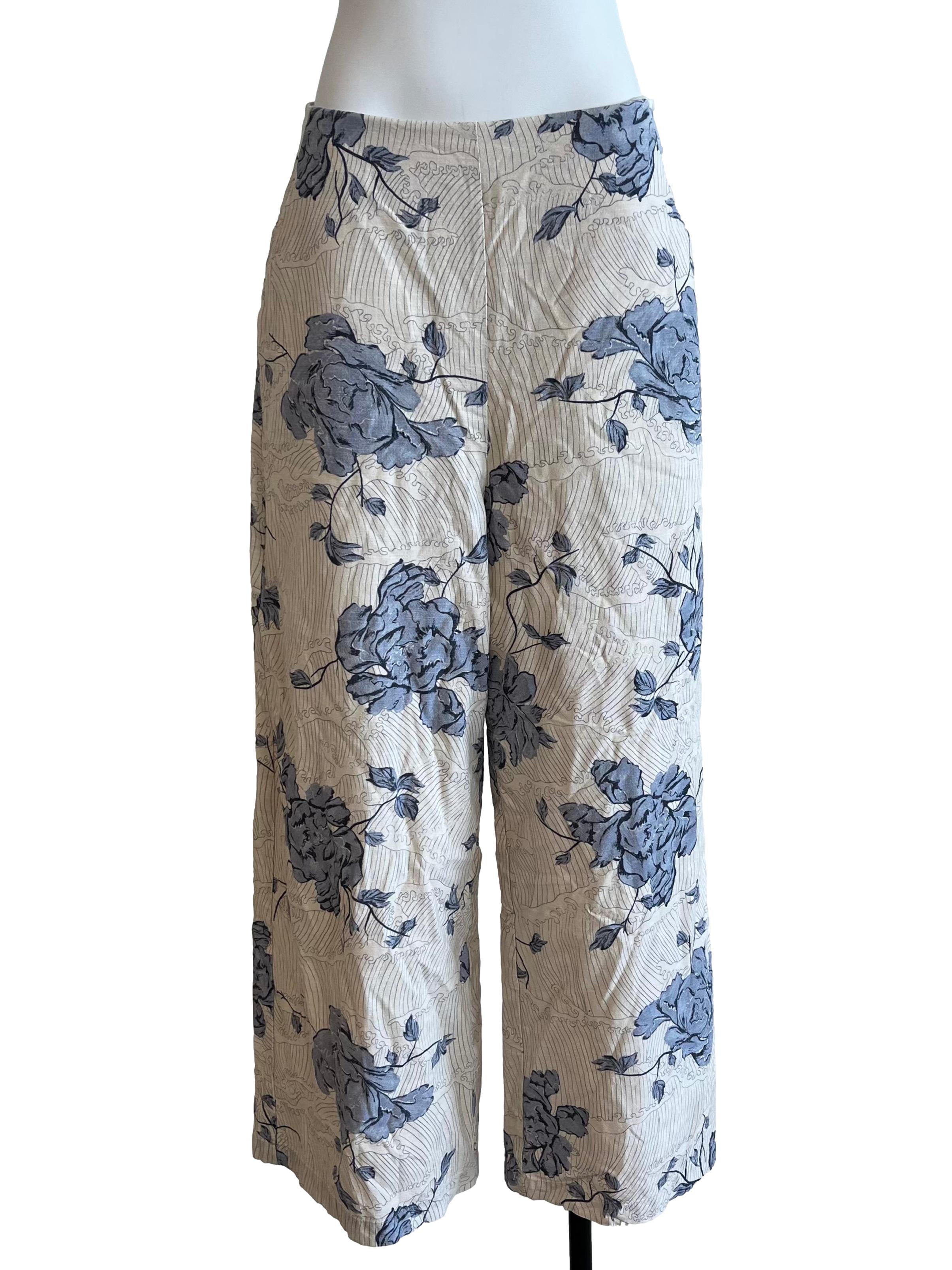 Beige Blue Abstract Pants