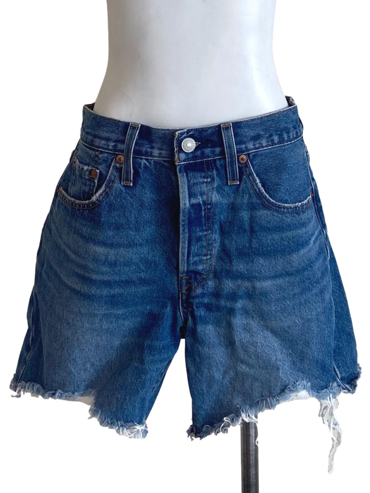 Blue Herringbone Distressed Denim Shorts