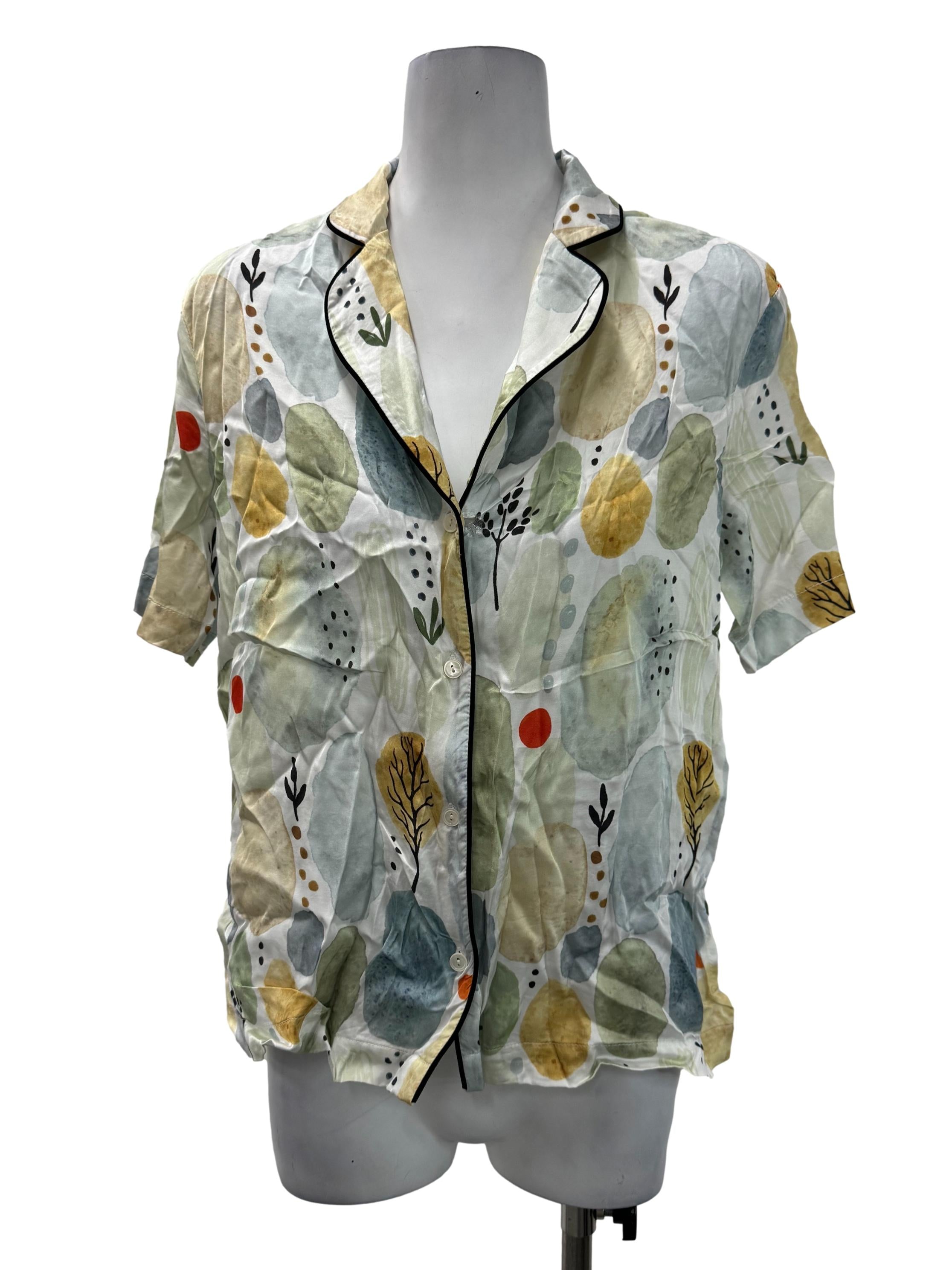 Green Printed Short Sleeves Button Top