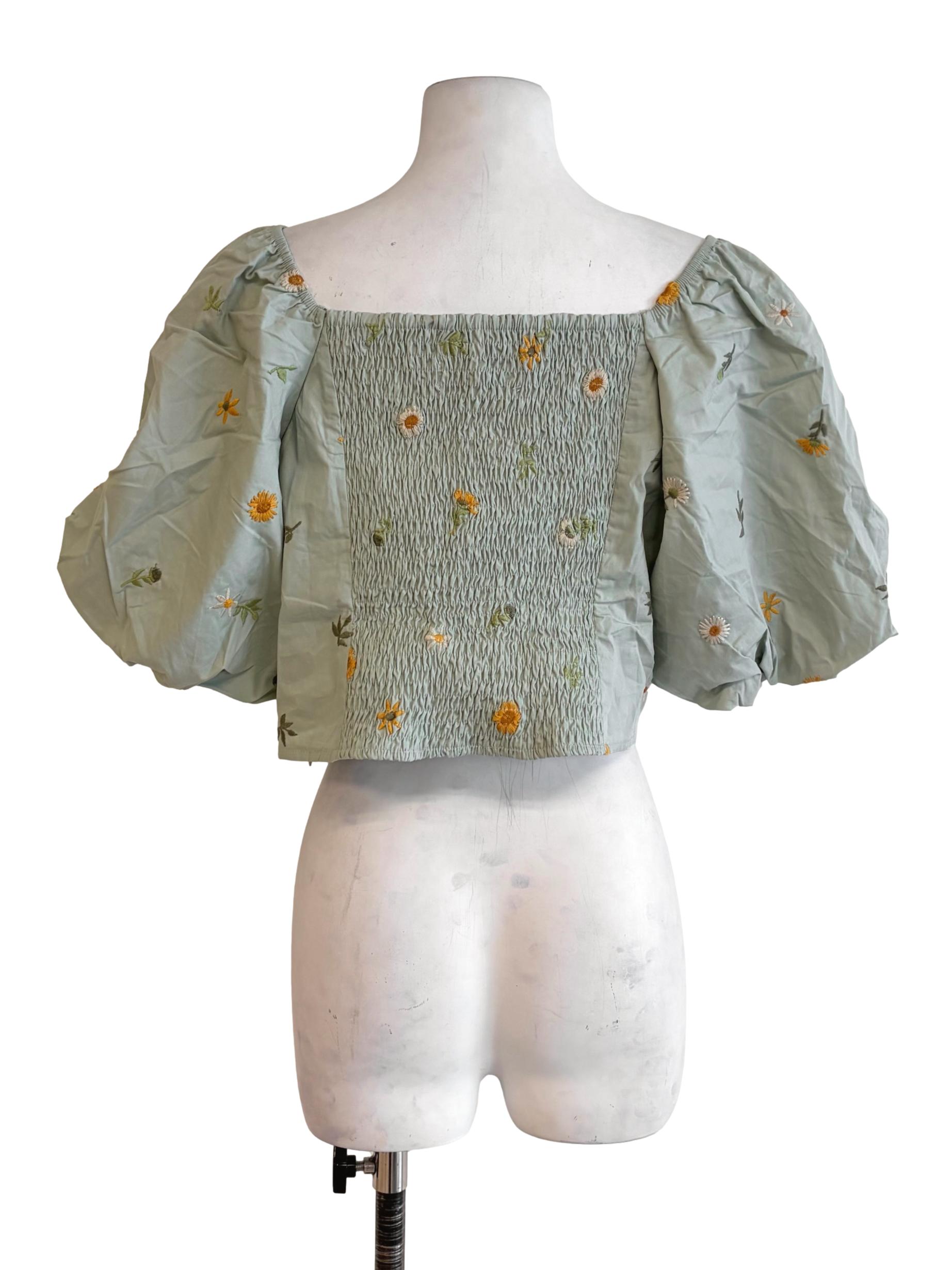 Fern Green Floral Embroidery Puff Sleeve Crop Top