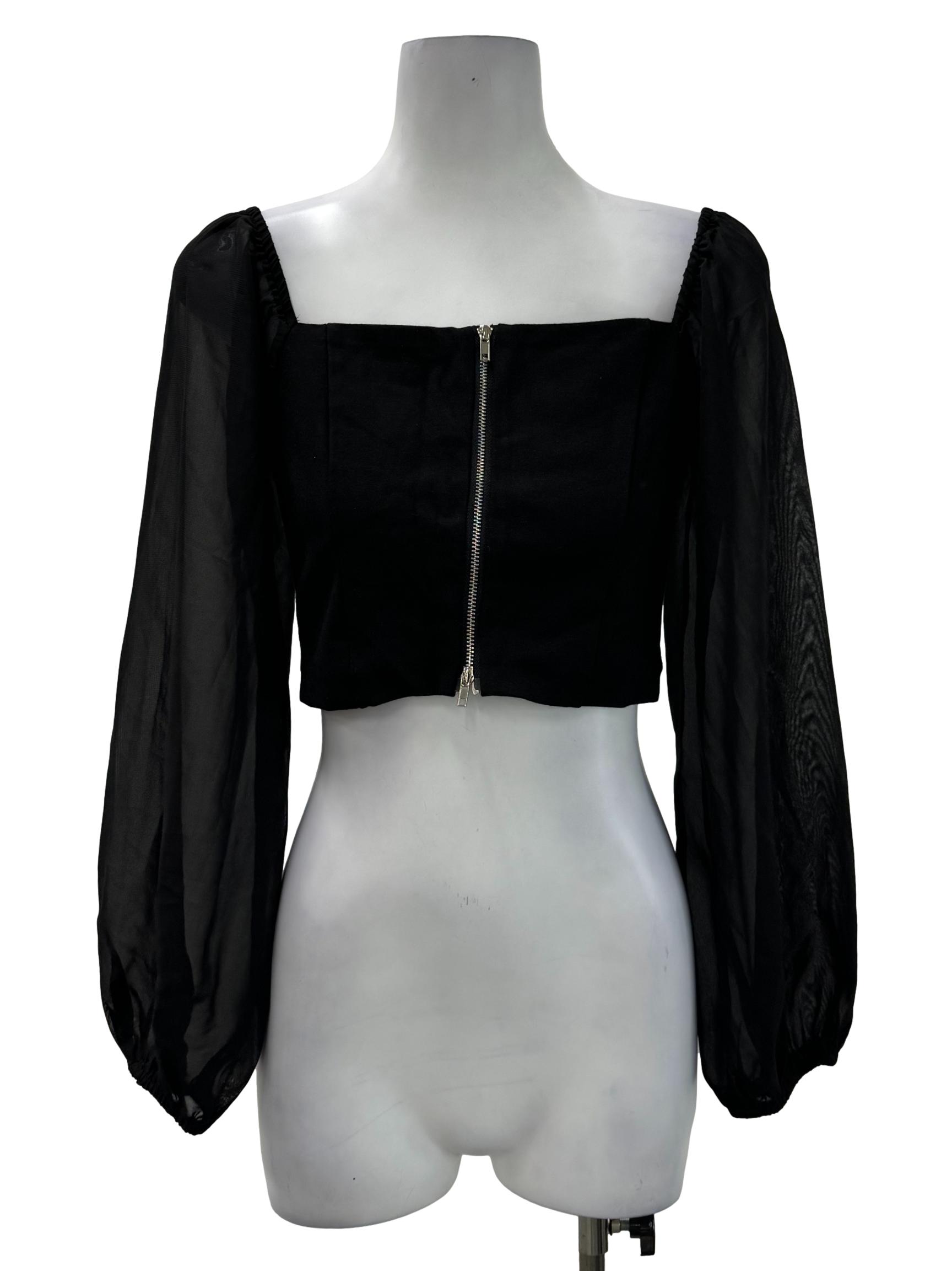 Black Square Neck Long Sleeves Blouse