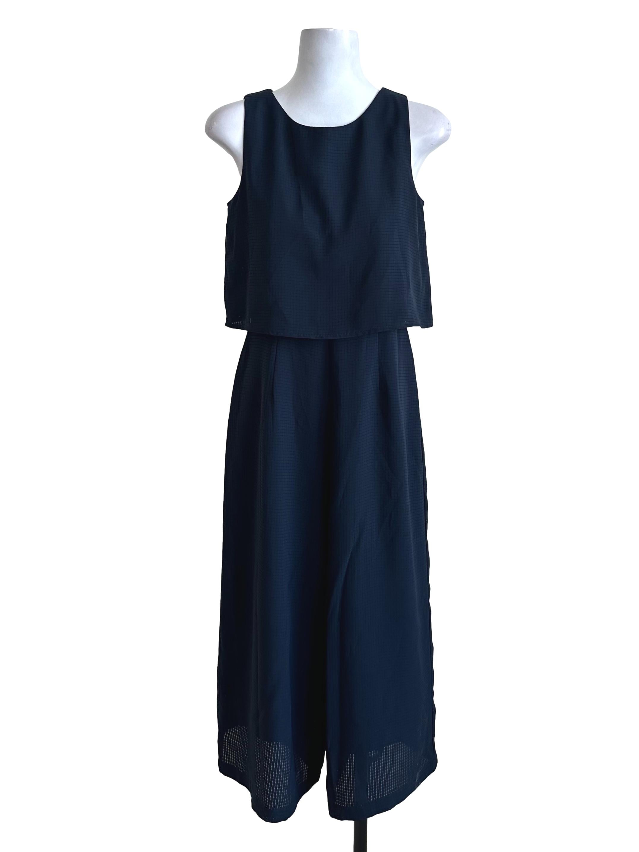 Navy Blue Plaid Sleeveless Jumpsuit