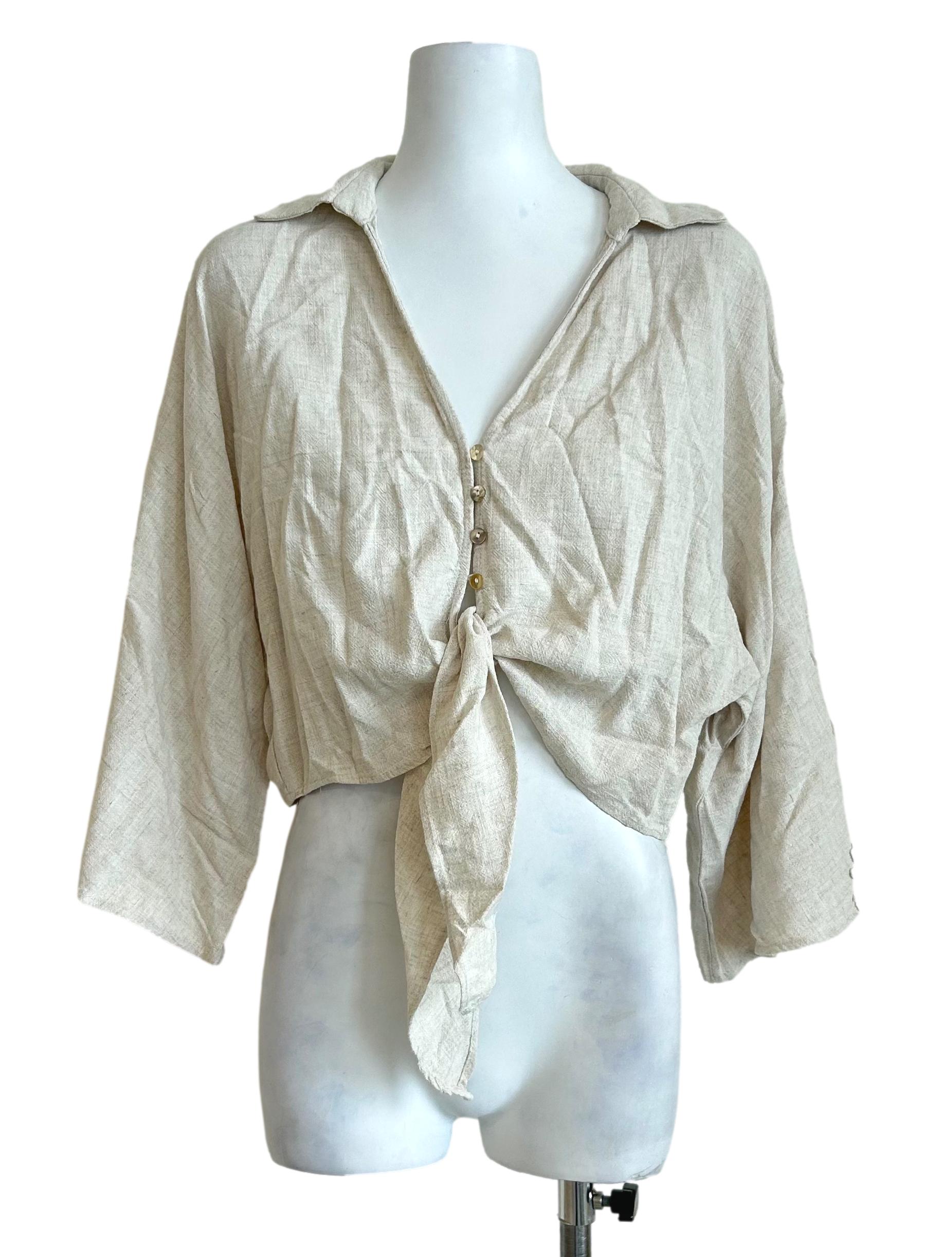 Beige Tie Front Blouse