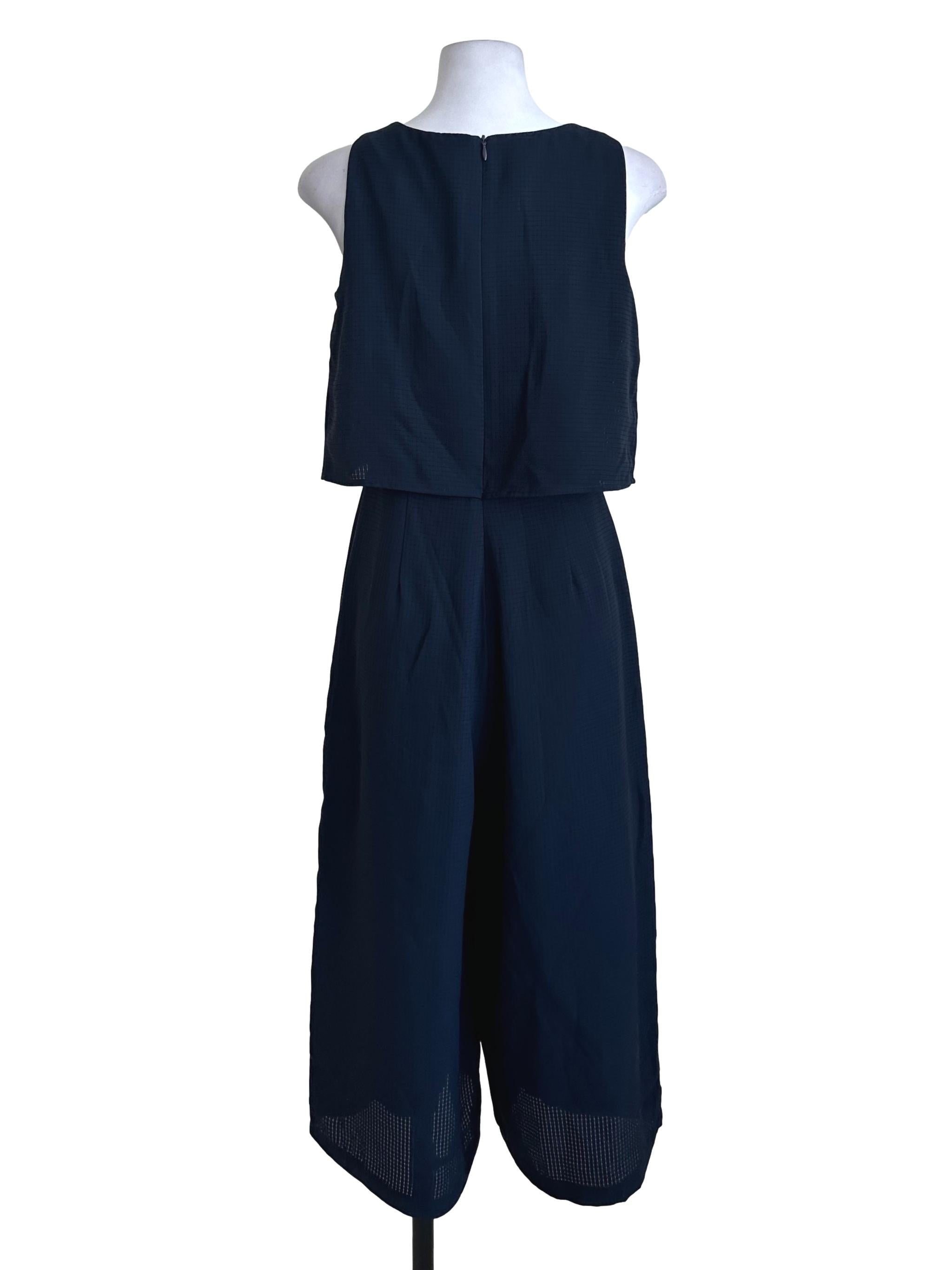 Navy Blue Plaid Sleeveless Jumpsuit