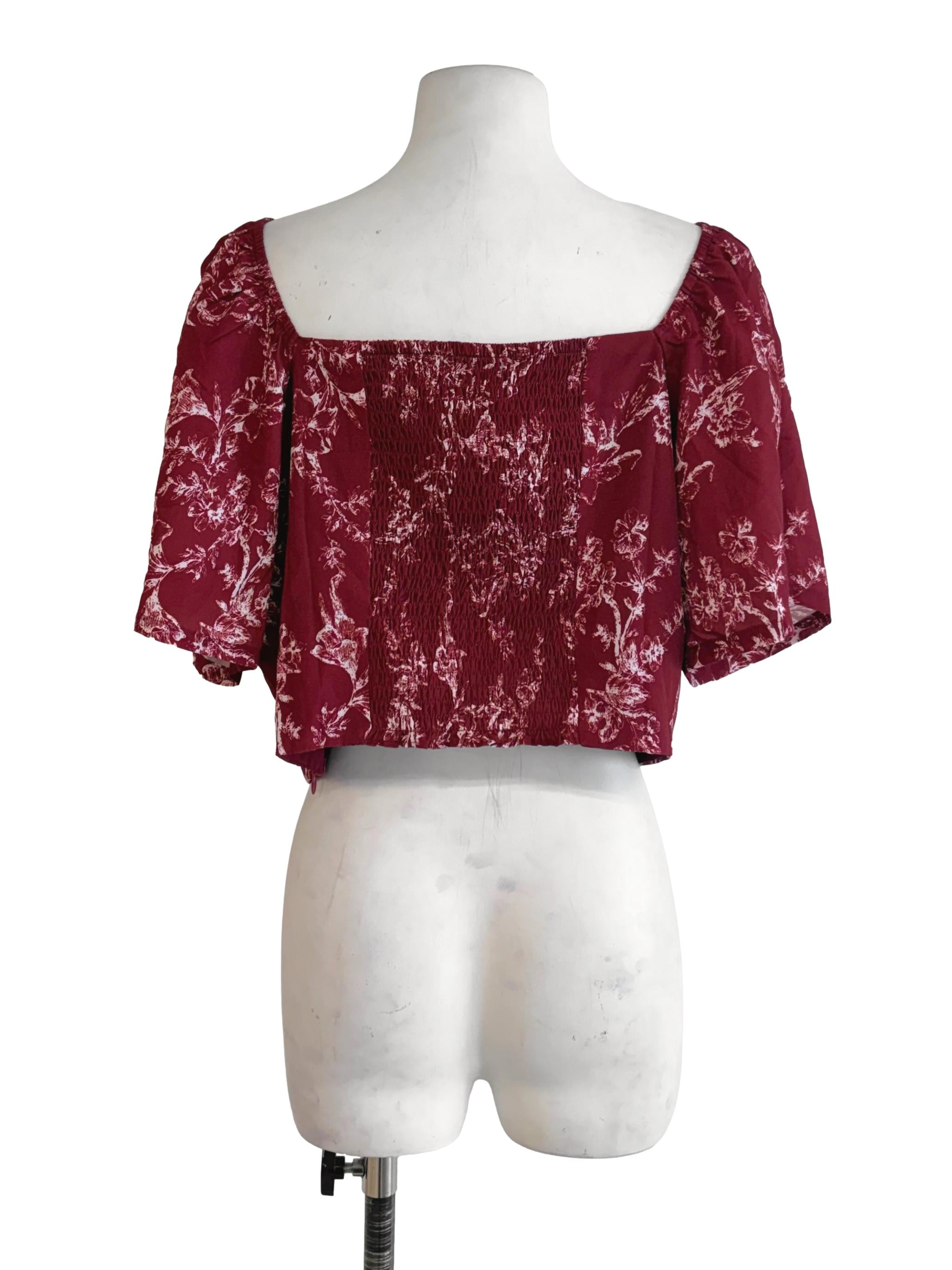 Wine Red Floral Motive Printed Puff Sleeve Crop Top