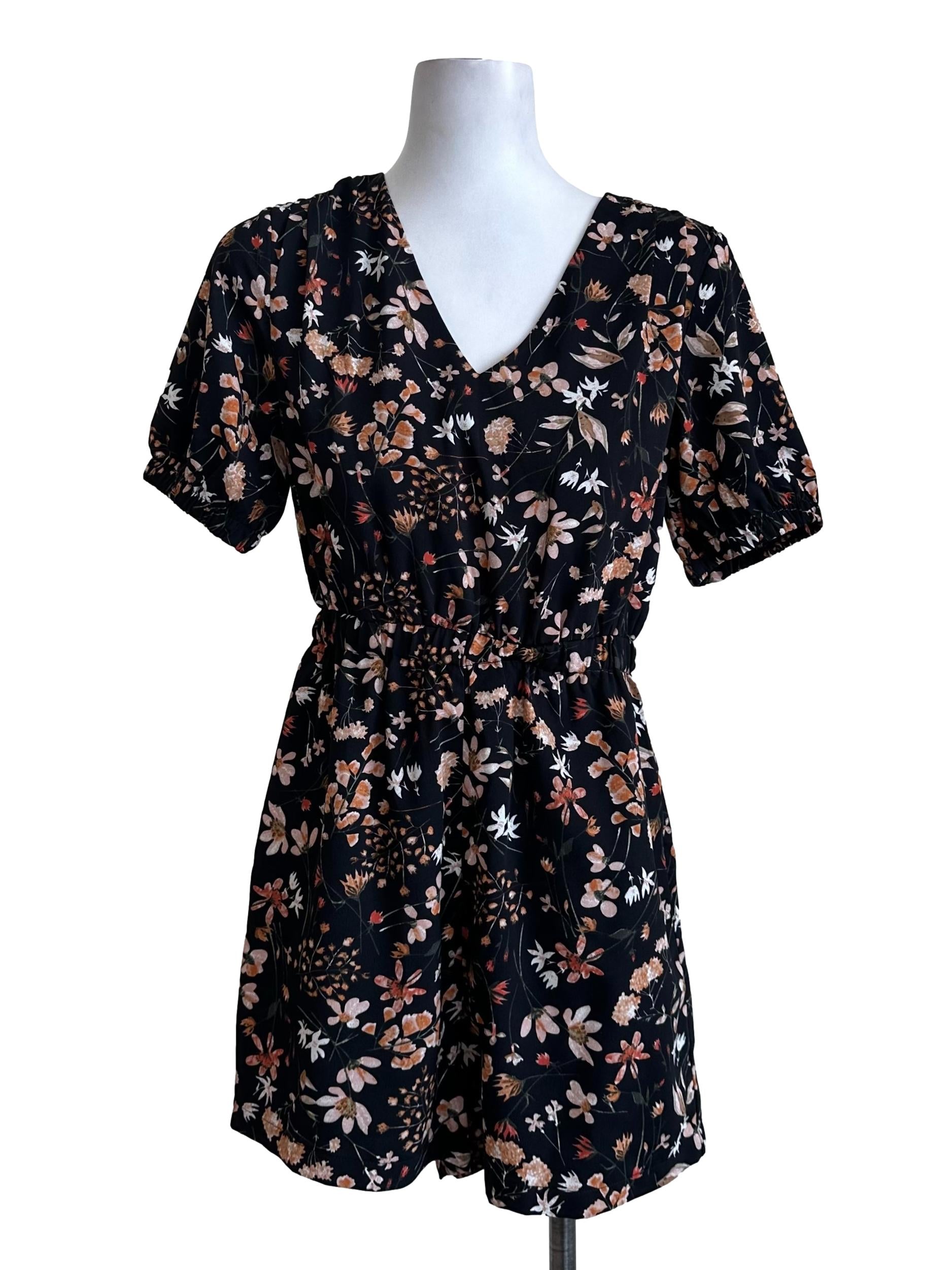 Black Floral V Neck Rompers