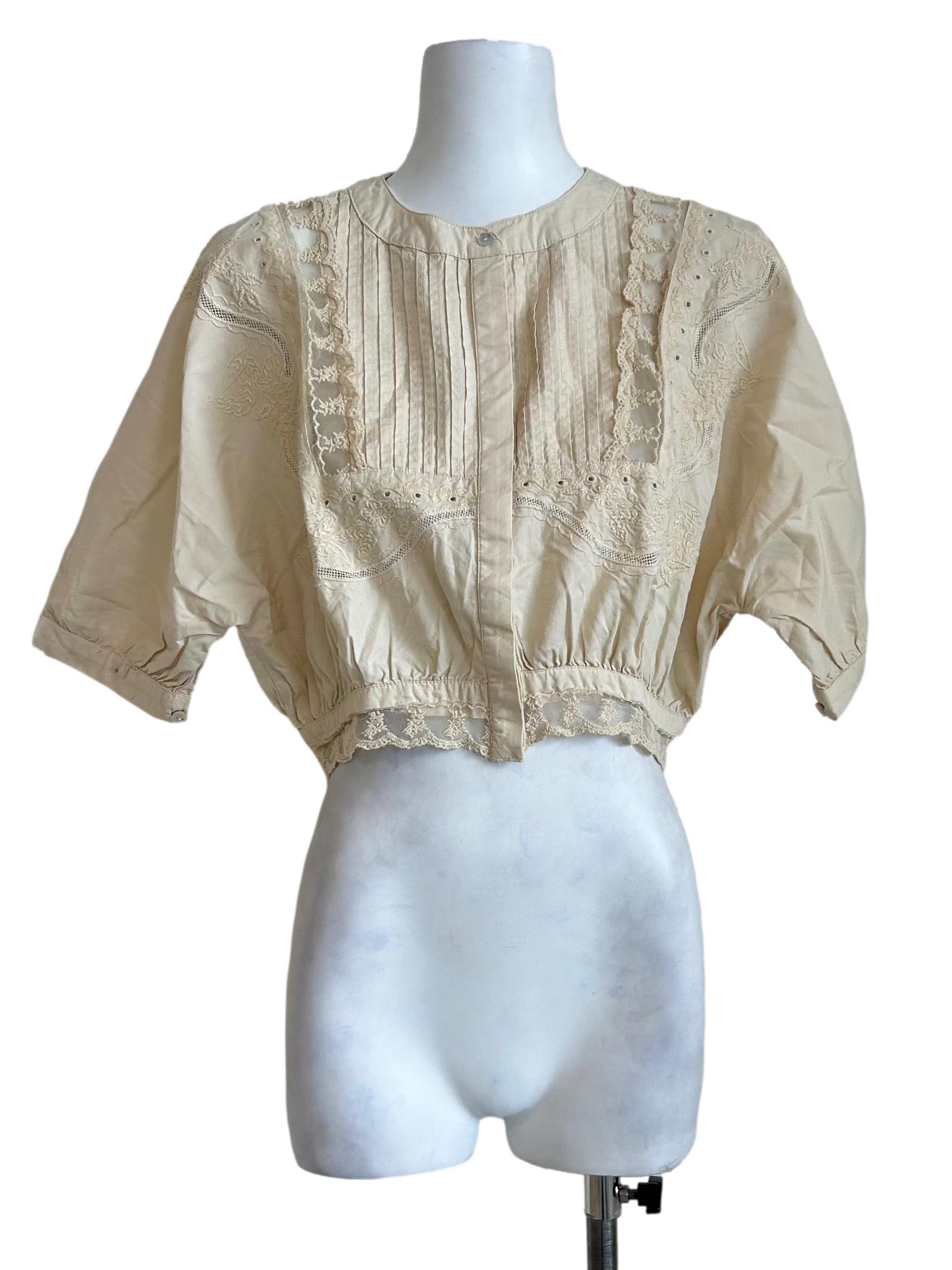 Beige Lace Pleated Crop Blouse