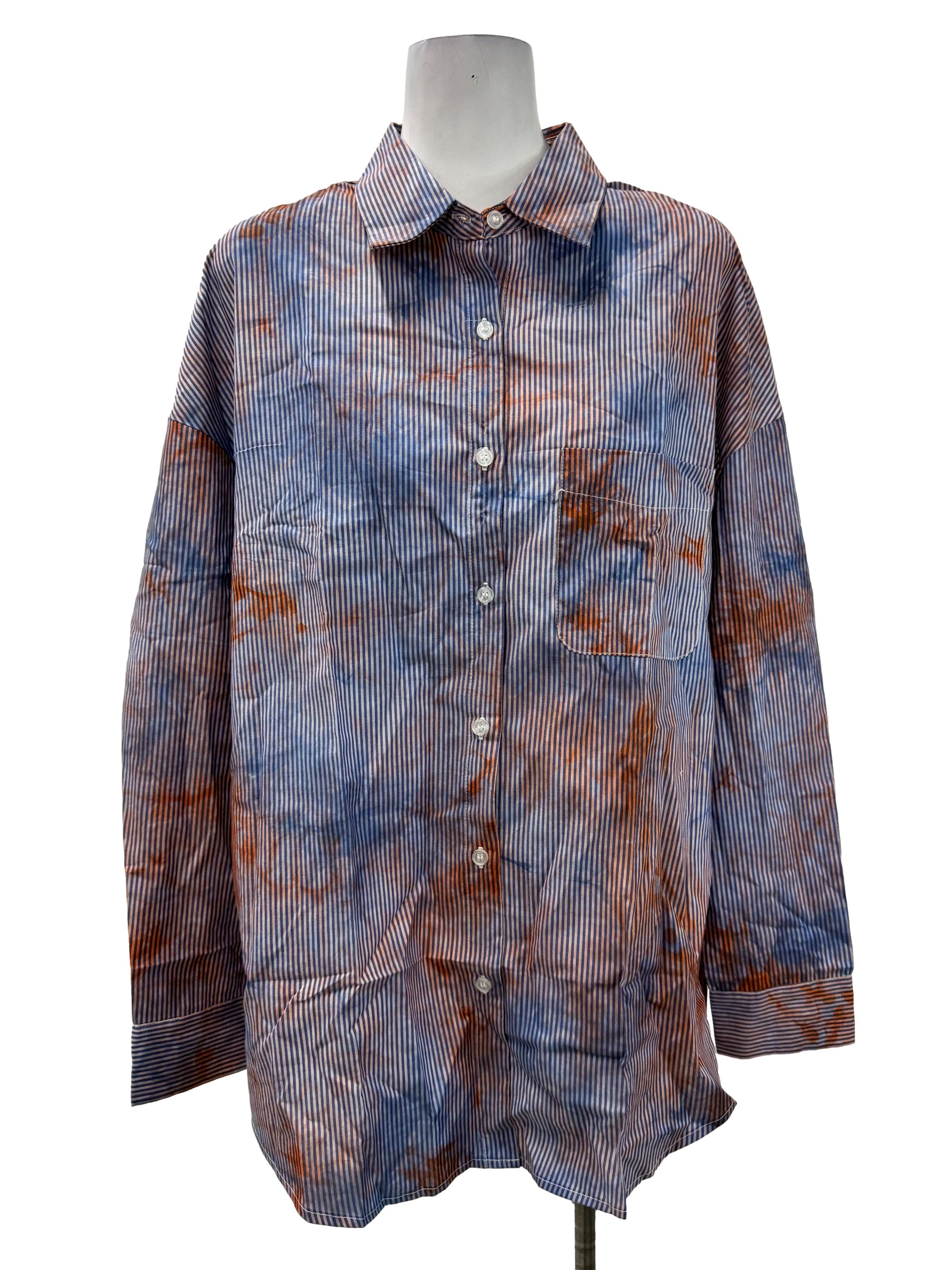 Blue Printed Stripes Button Up Blouse