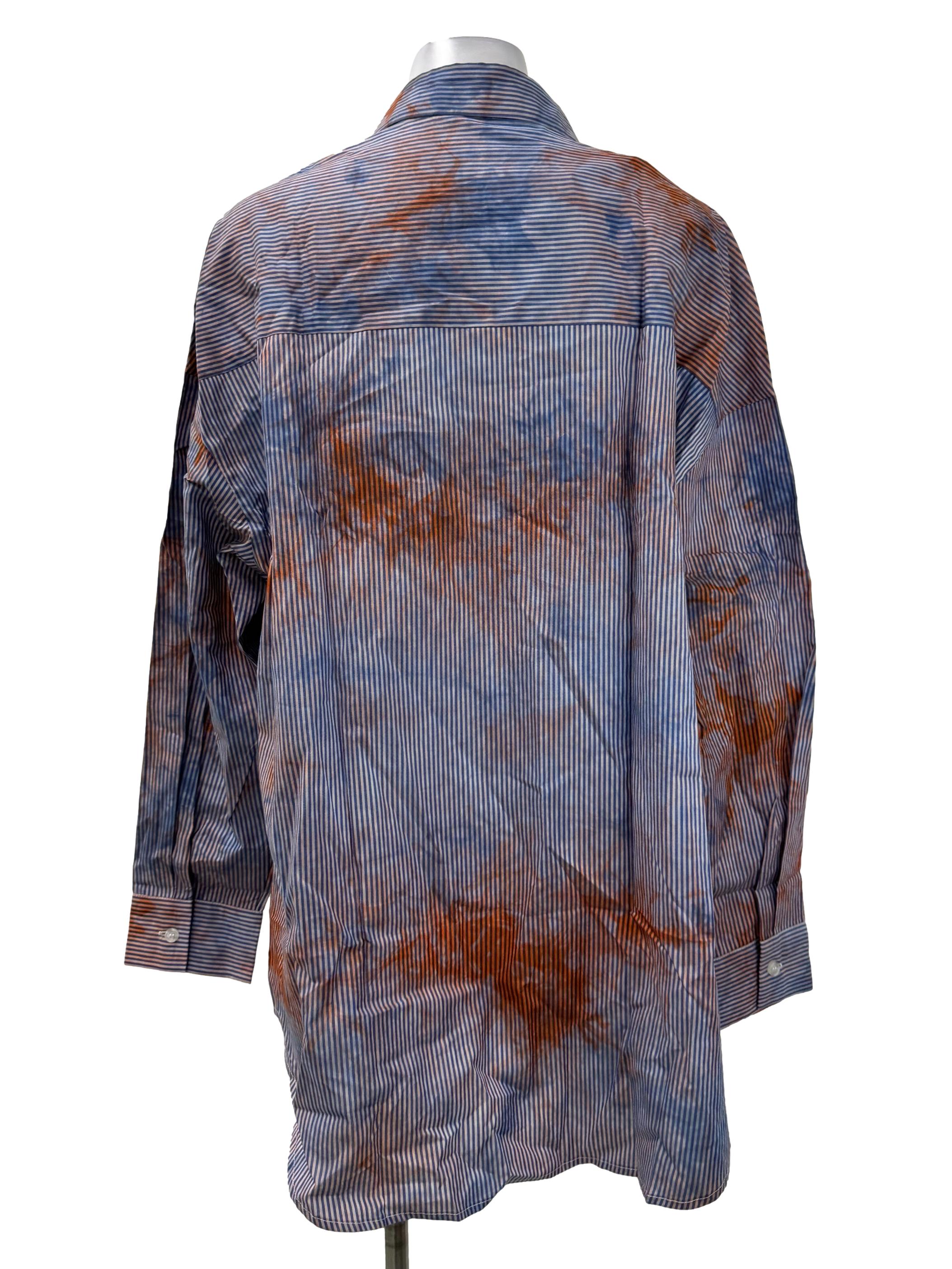 Blue Printed Stripes Button Up Blouse